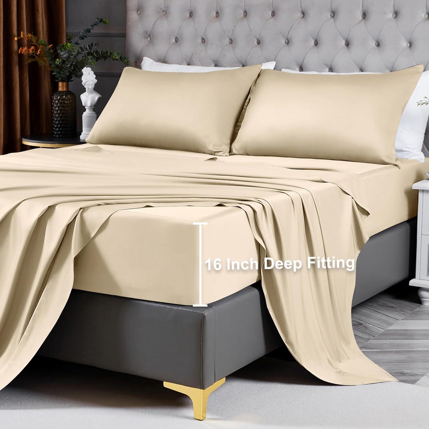 Juego de Sábanas Doble HCORA 100% Viscosa Bambú 400 Hilos Beige