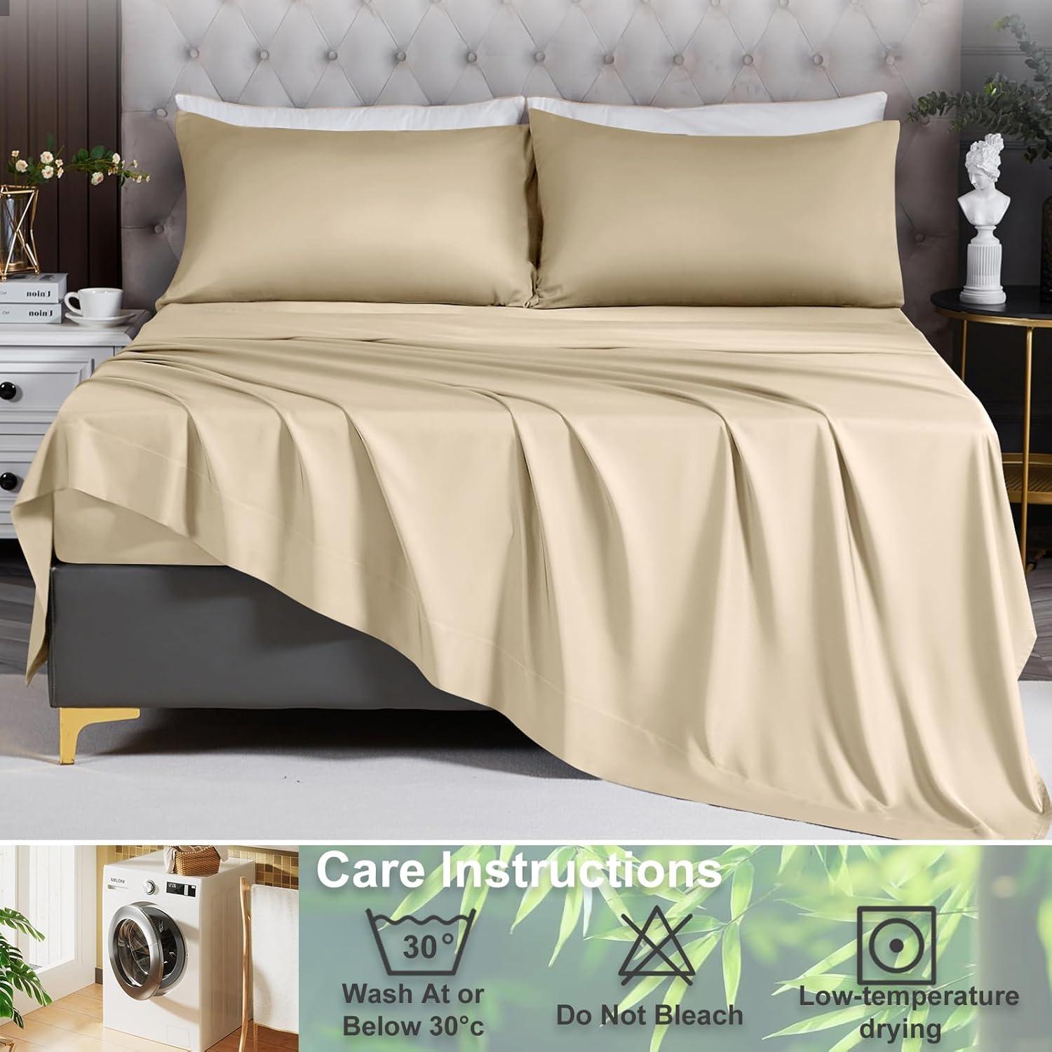 Juego de Sábanas Doble HCORA 100% Viscosa Bambú 400 Hilos Beige