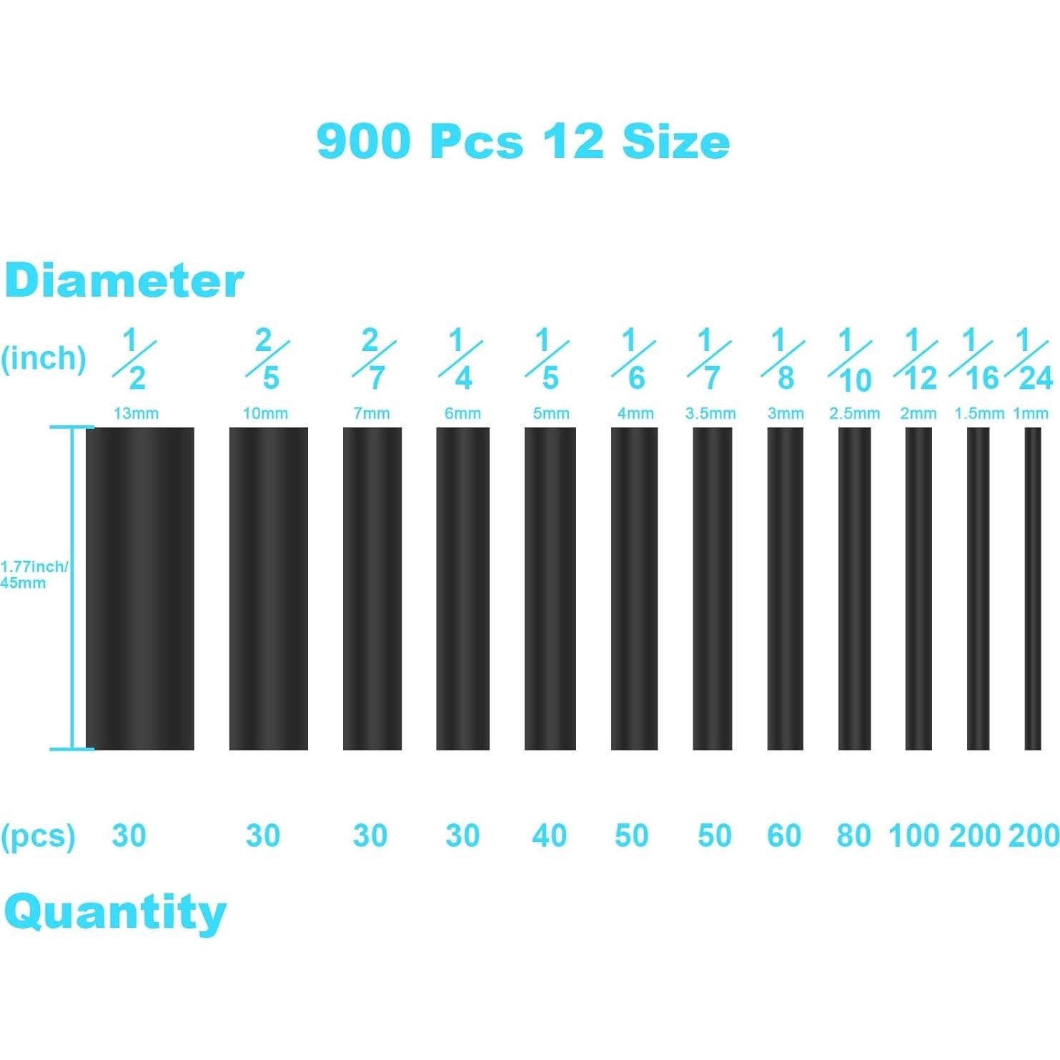Kit de Tubos Termocontraíbles 900 Piezas DHOOZ - Negro 12 Tamaños