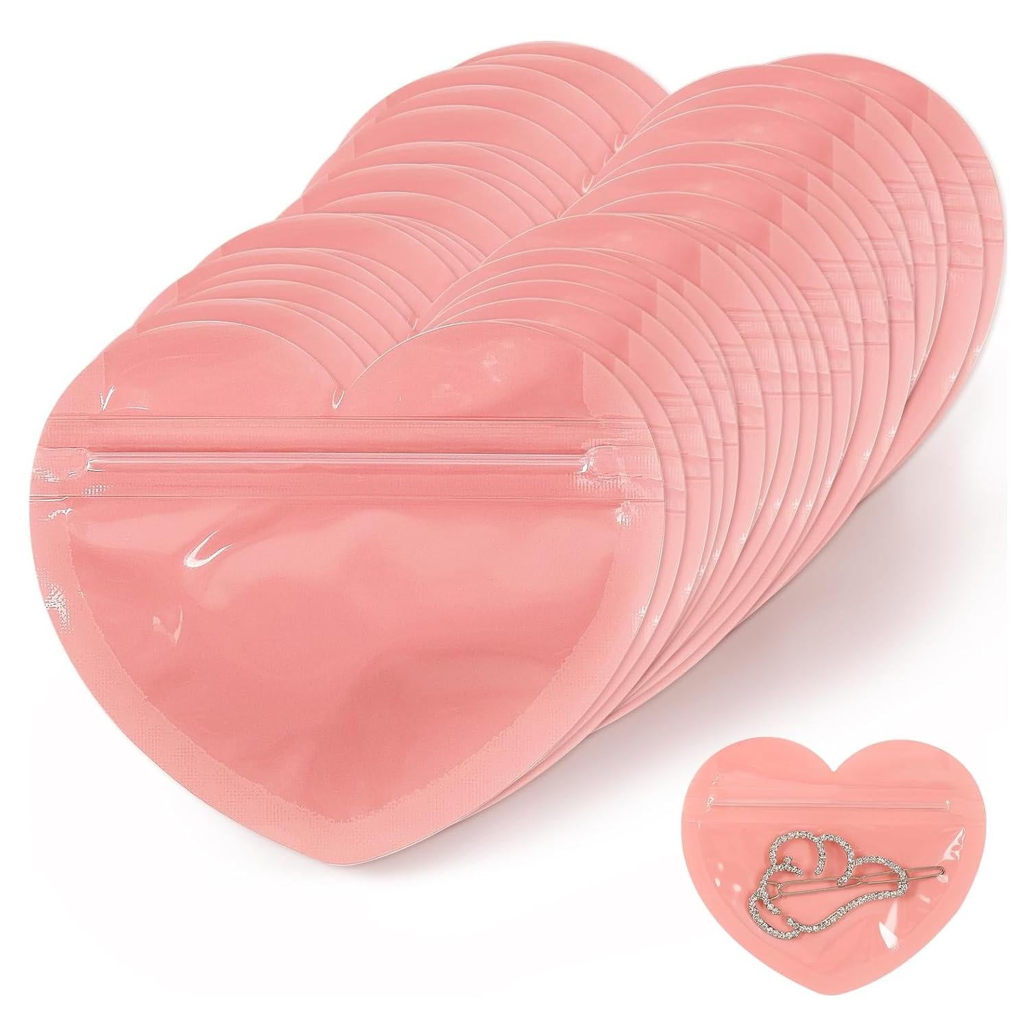 100 Mini Bolsas Mylar Rosa Corazón 8.5x5 cm con Cierre Ziplock