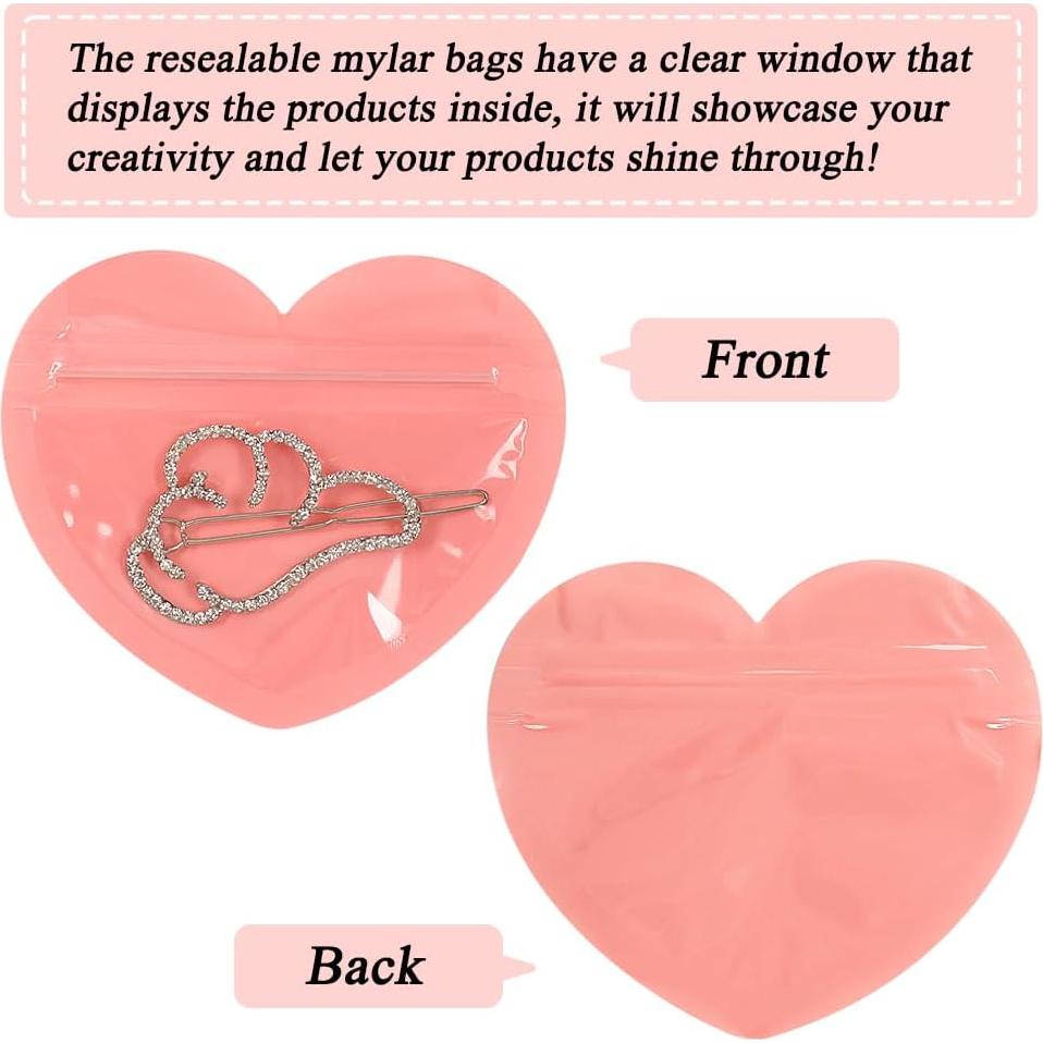 100 Mini Bolsas Mylar Rosa Corazón 8.5x5 cm con Cierre Ziplock