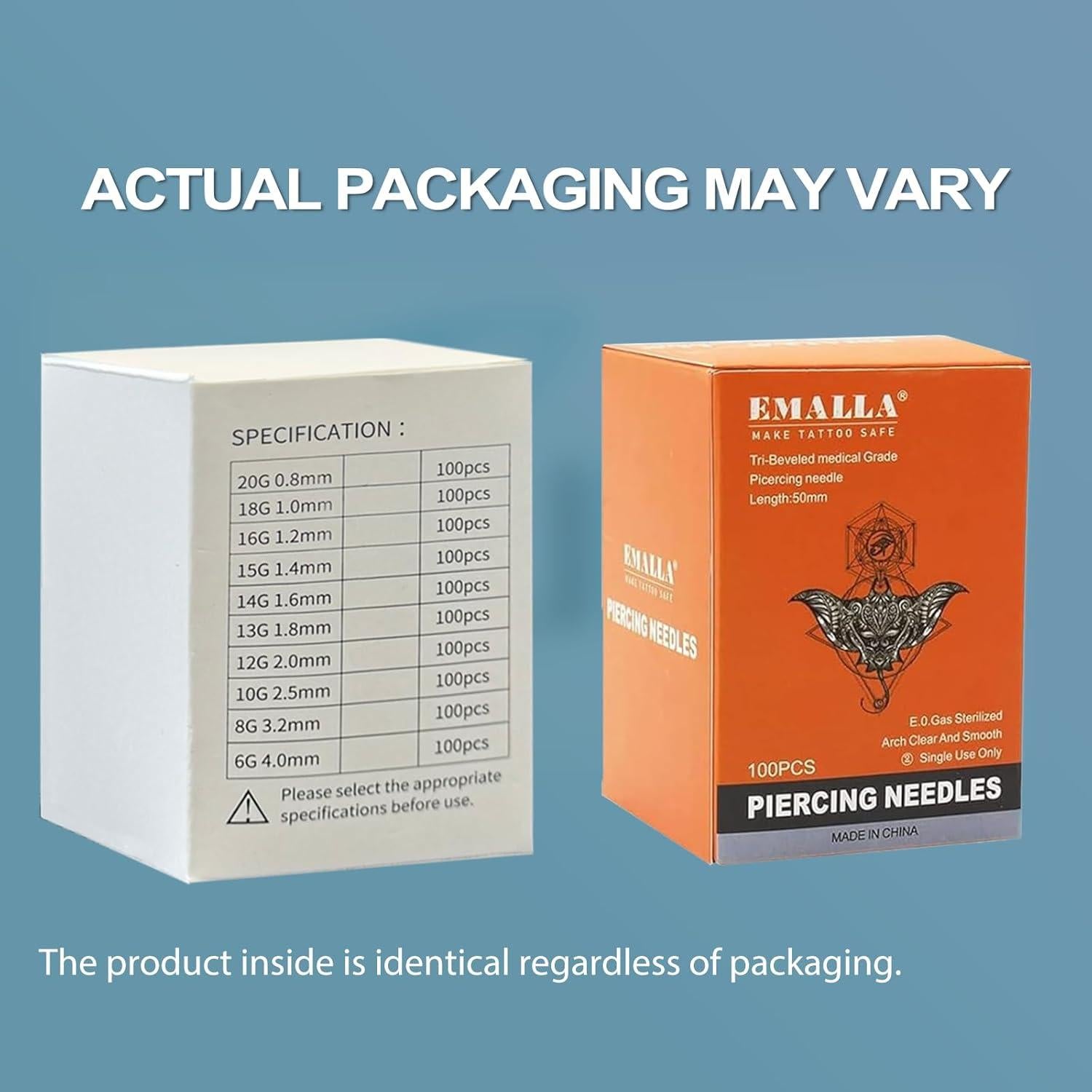 Kit de Agujas de Piercing 100 Pcs Yugui 12G Acero Inoxidable