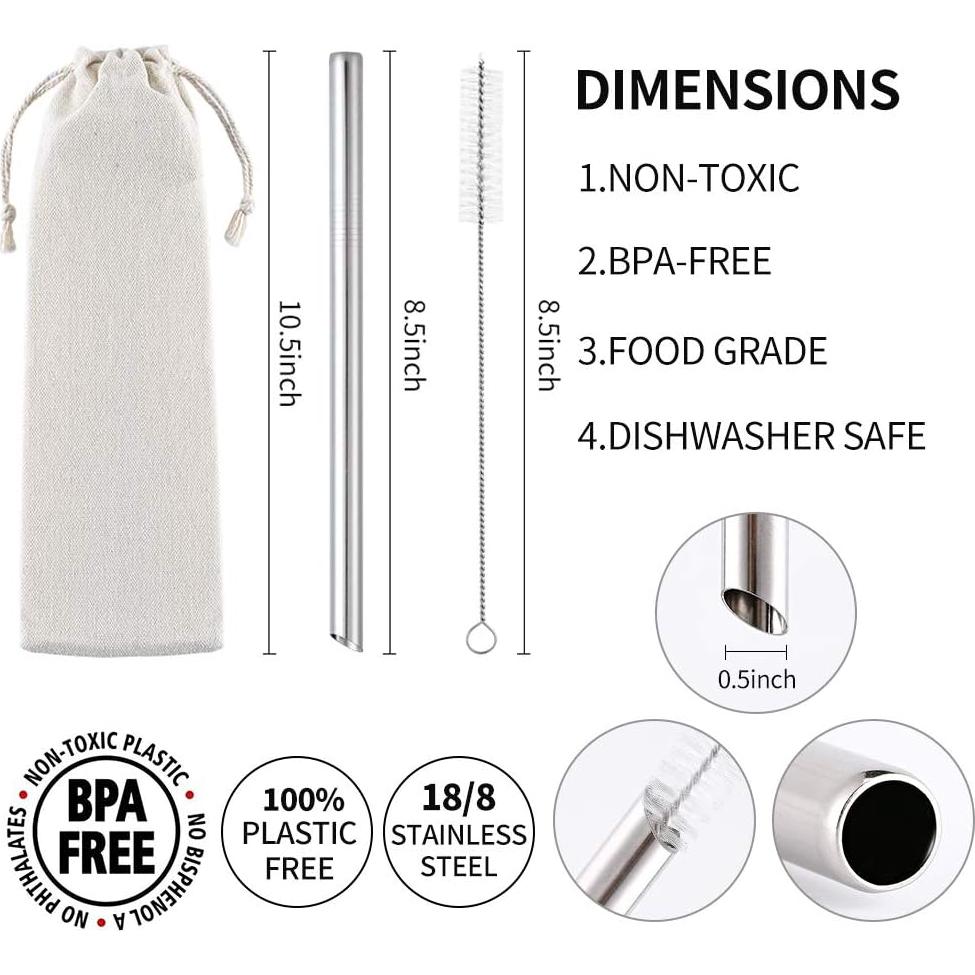 6 Pajitas Reutilizables de Acero Inoxidable Otstar 12 mm