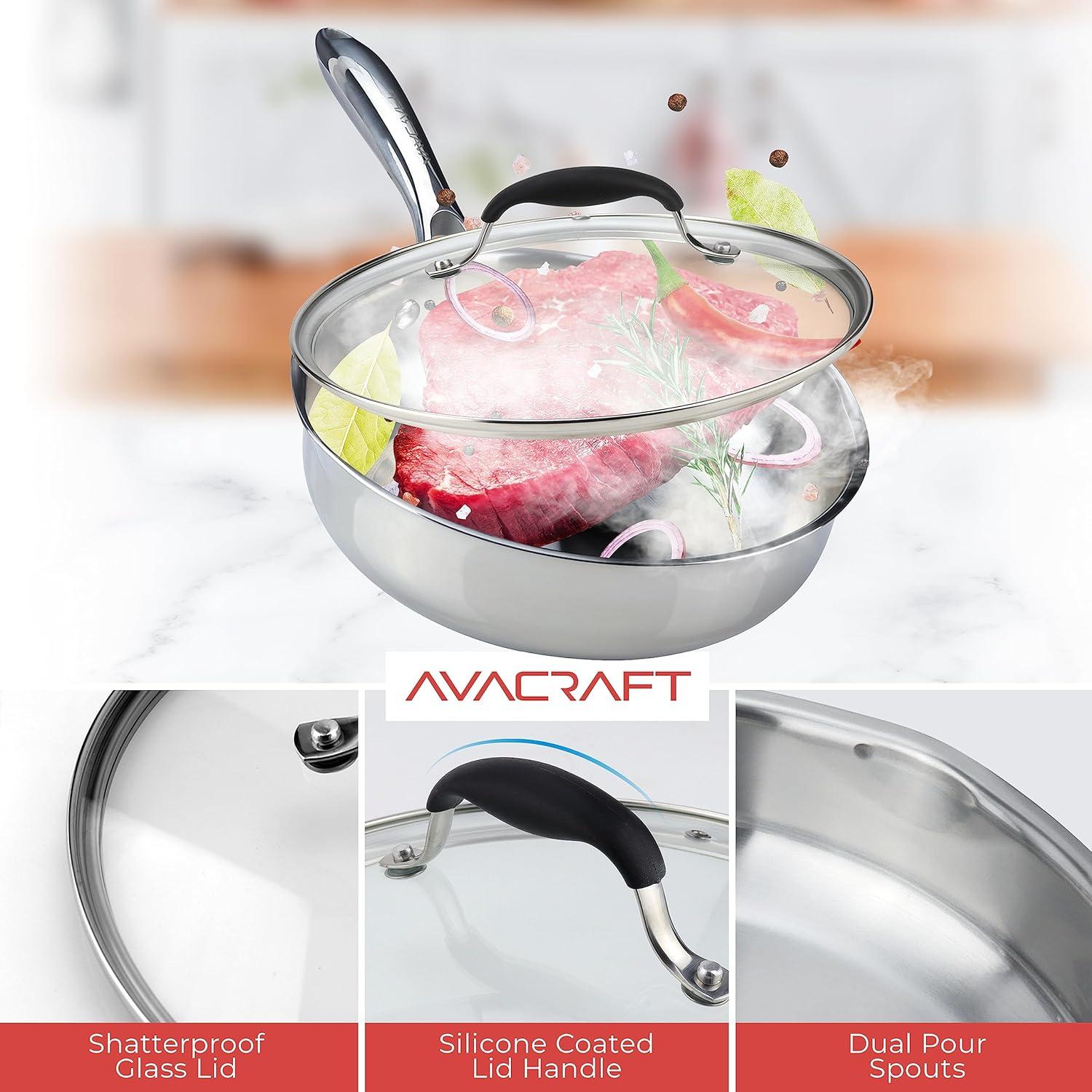 Sartén de Acero Inoxidable AVACRAFT 20 cm con Tapa y Compatible Inducción