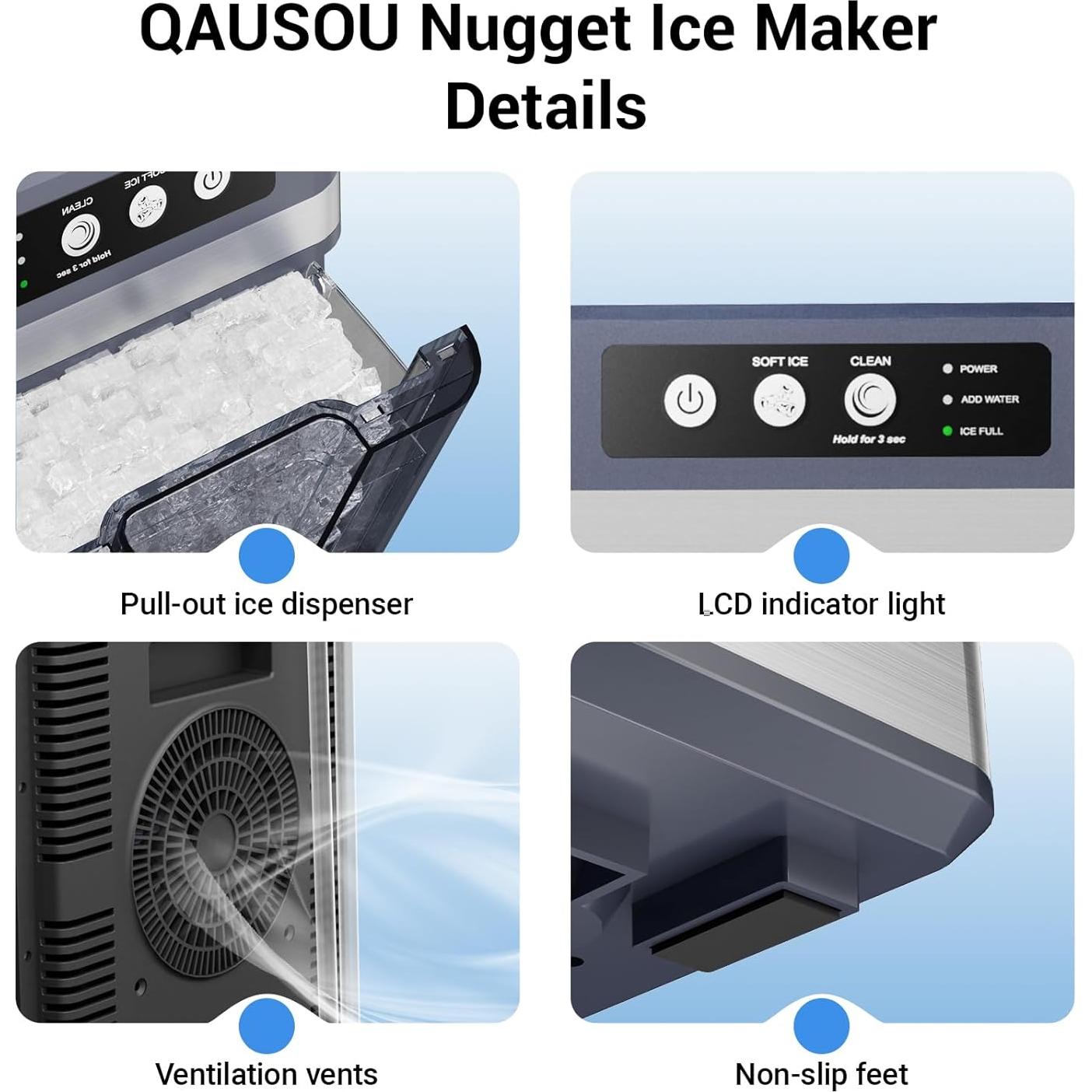 Fabricador de Hielo Nugget QAUSOU 19.96 kg/día Acero Inoxidable