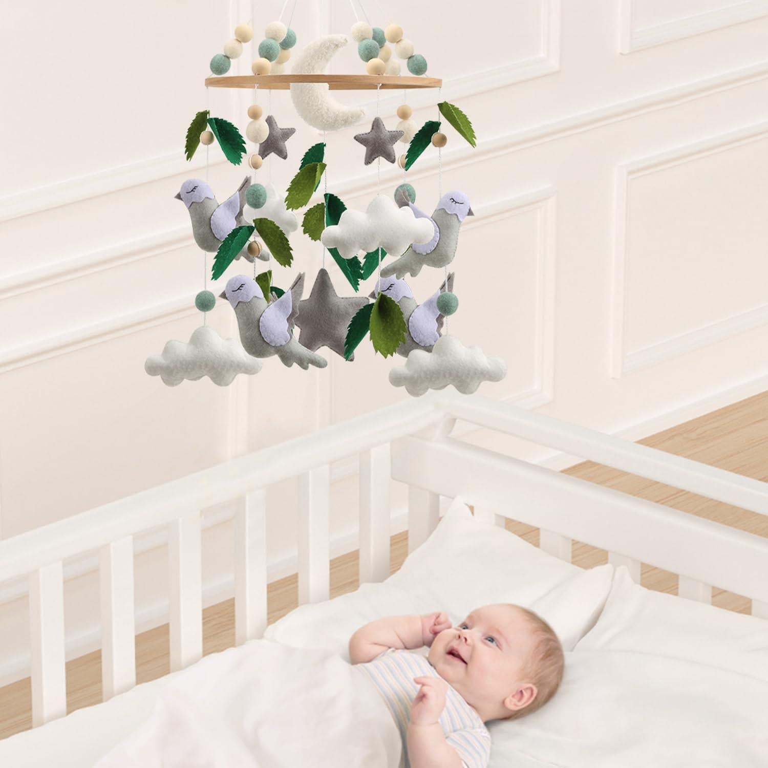 Móvil de Cuna Neutro de Pájaro - Hecho a Mano en Fieltro