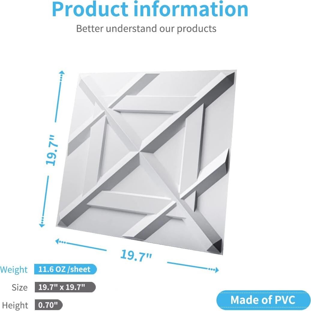 Panel de Pared 3D PVC Art3d Blanco Mate 12 Unidades 50x50 cm