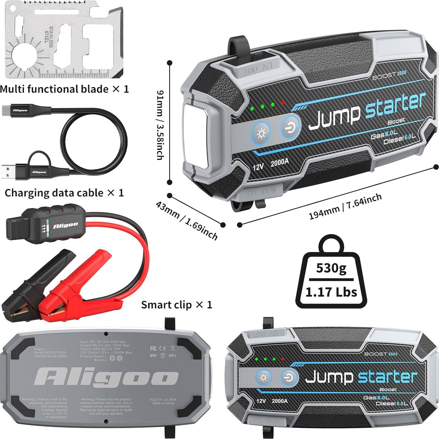 Arrancador de Batería Portátil Aligoo Boost 2000 2000A IP67