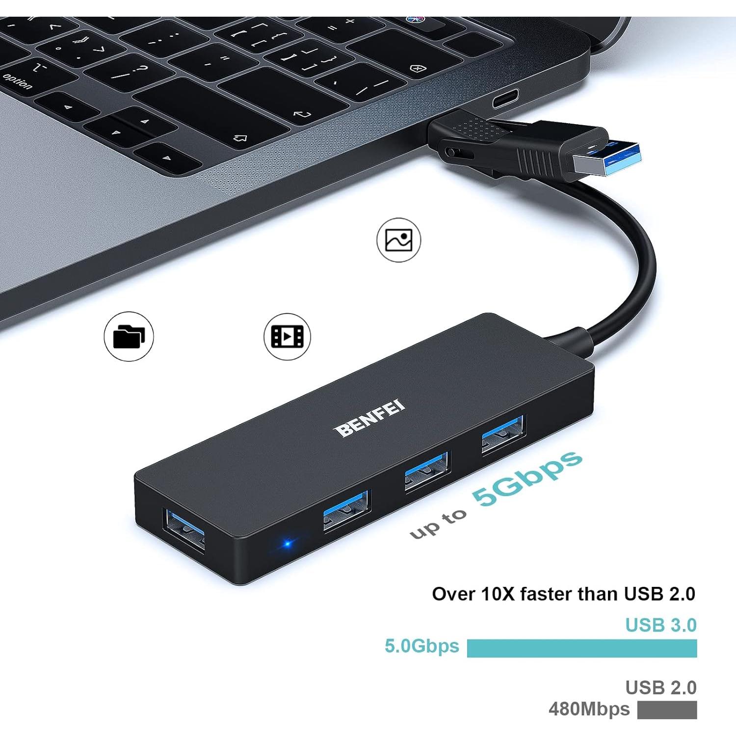 Hub USB 3.0 BENFEI 4 Puertos Tipo-C y Tipo-A Negro