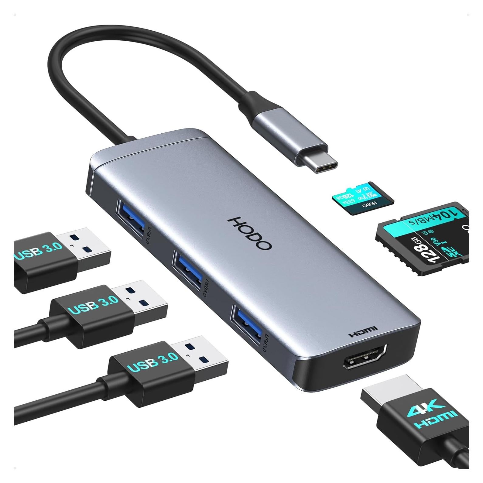 Adaptador Hub USB C HODO 6 en 1 HDMI 4K y 3 USB 3.0