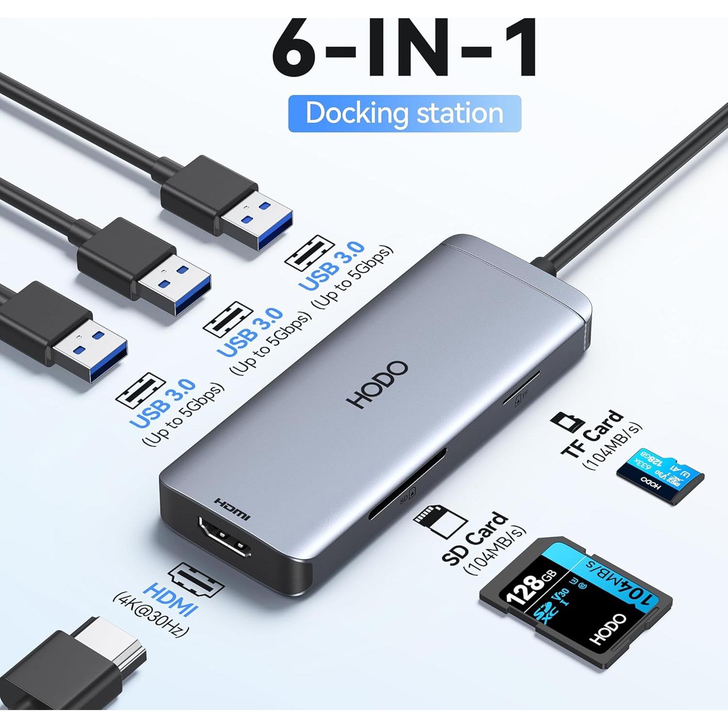 Adaptador Hub USB C HODO 6 en 1 HDMI 4K y 3 USB 3.0