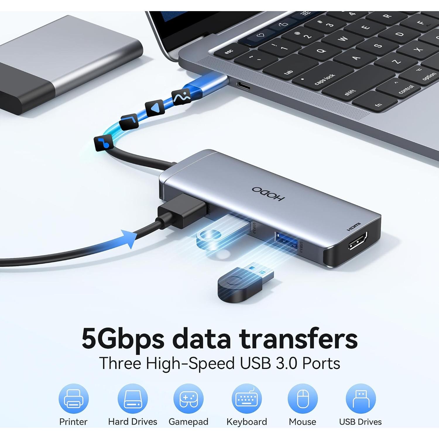 Adaptador Hub USB C HODO 6 en 1 HDMI 4K y 3 USB 3.0