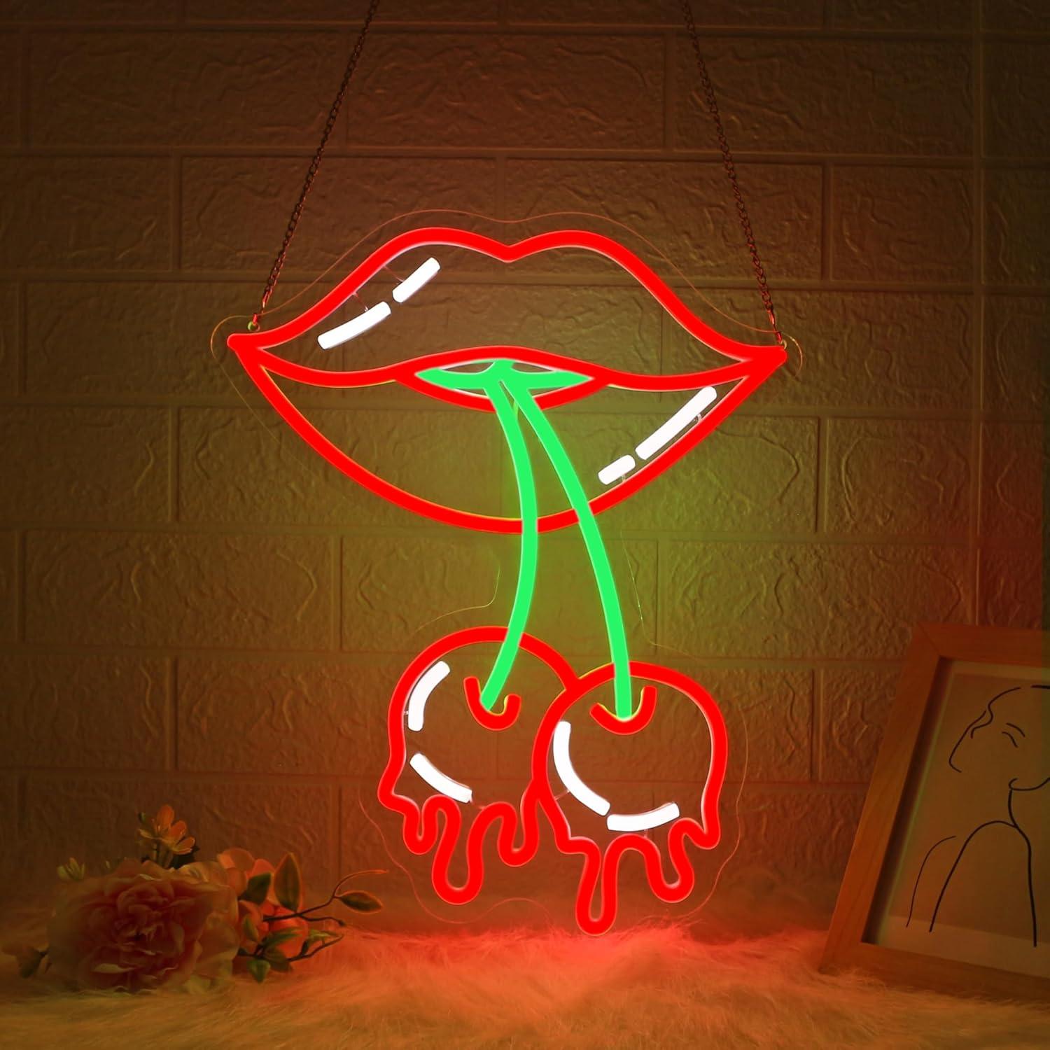 Letrero de Neón LED Labios de Cereza JGHTURIE para Decoración