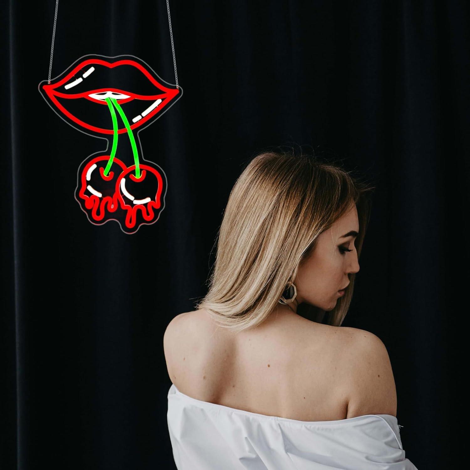 Letrero de Neón LED Labios de Cereza JGHTURIE para Decoración