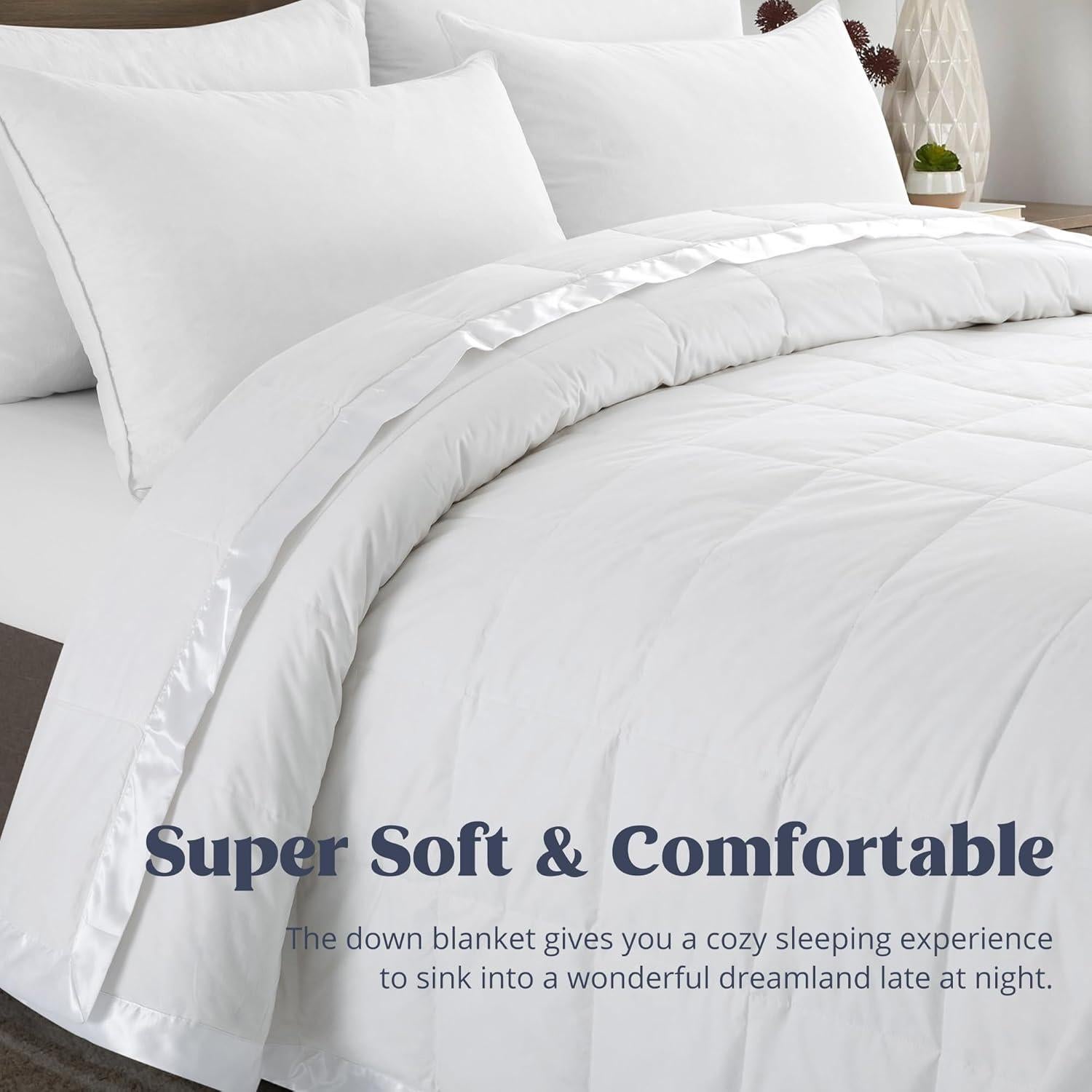 puredown® Blankets Queen Size - Soft Lightweight Down Blanket for Bed, Cozy Warm Luxury Bed Blanket with Satin Trim, Cotton Cover, White (90"X90")
