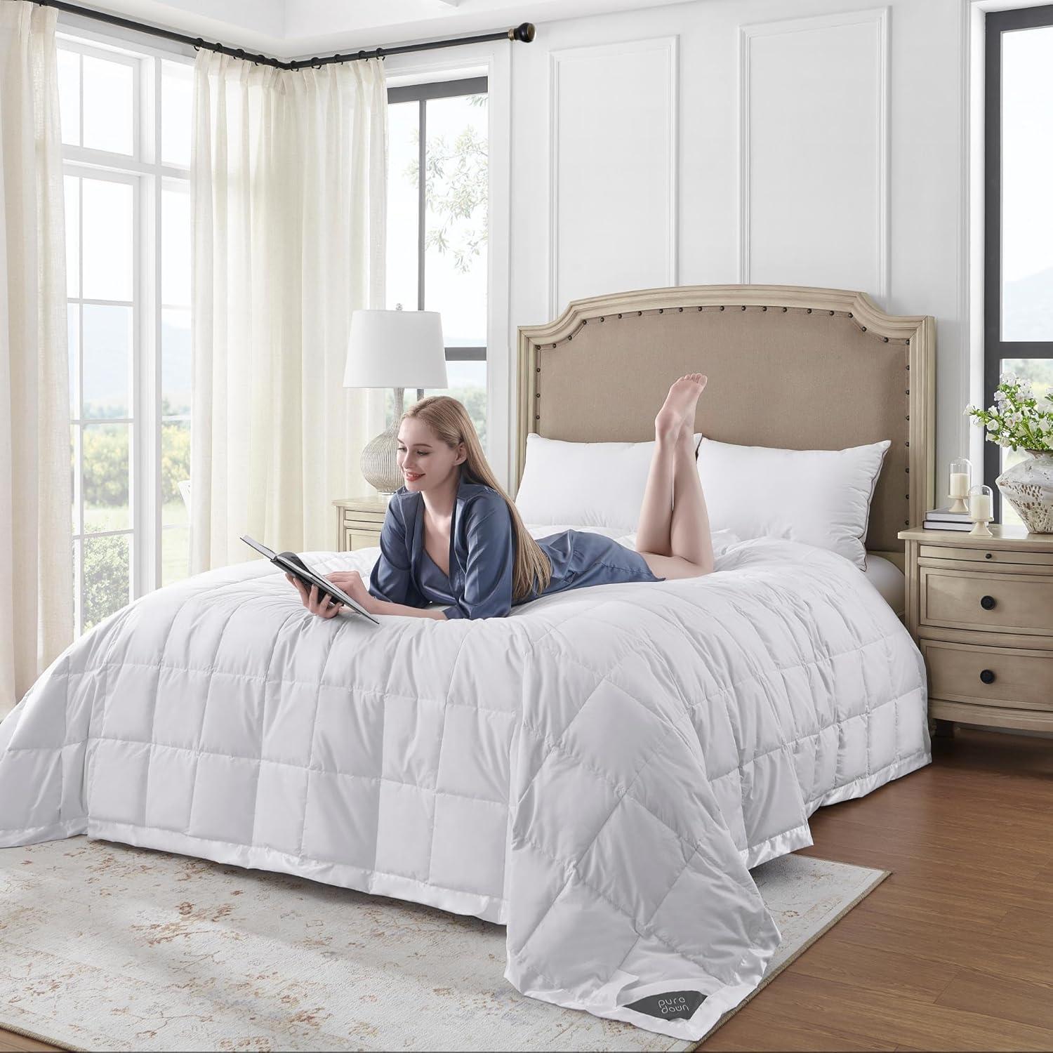 puredown® Blankets Queen Size - Soft Lightweight Down Blanket for Bed, Cozy Warm Luxury Bed Blanket with Satin Trim, Cotton Cover, White (90"X90")