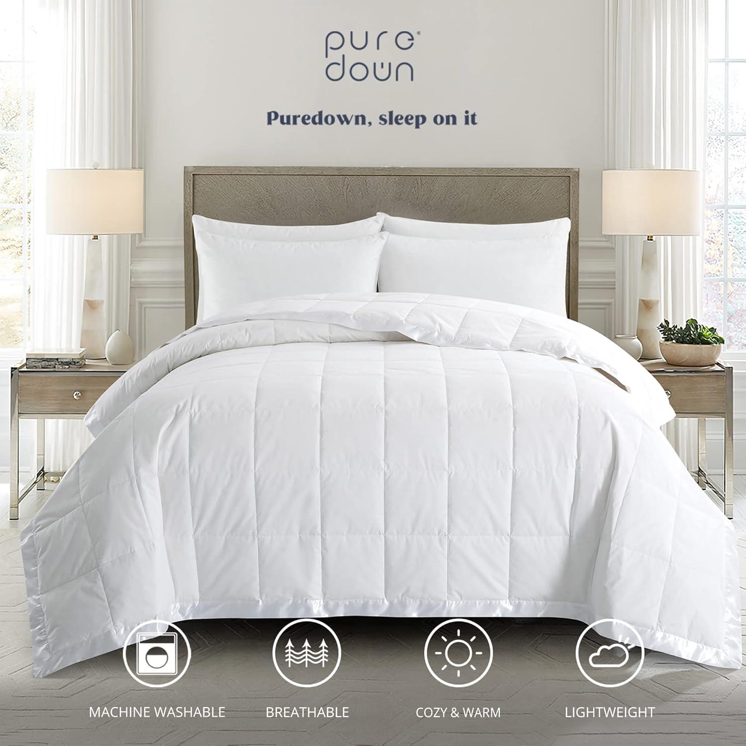 puredown® Blankets Queen Size - Soft Lightweight Down Blanket for Bed, Cozy Warm Luxury Bed Blanket with Satin Trim, Cotton Cover, White (90"X90")