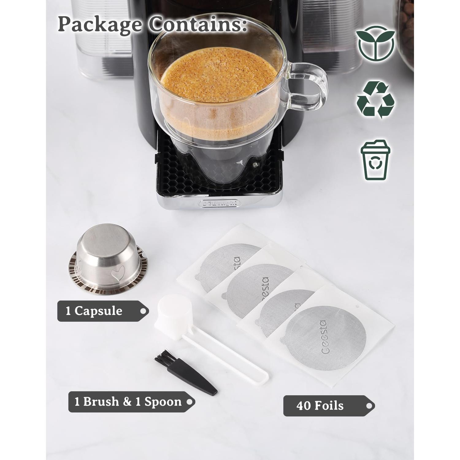 Cápsula Reutilizable Grasseed para Vertuo, Kit 40 Tapas + Cuchara