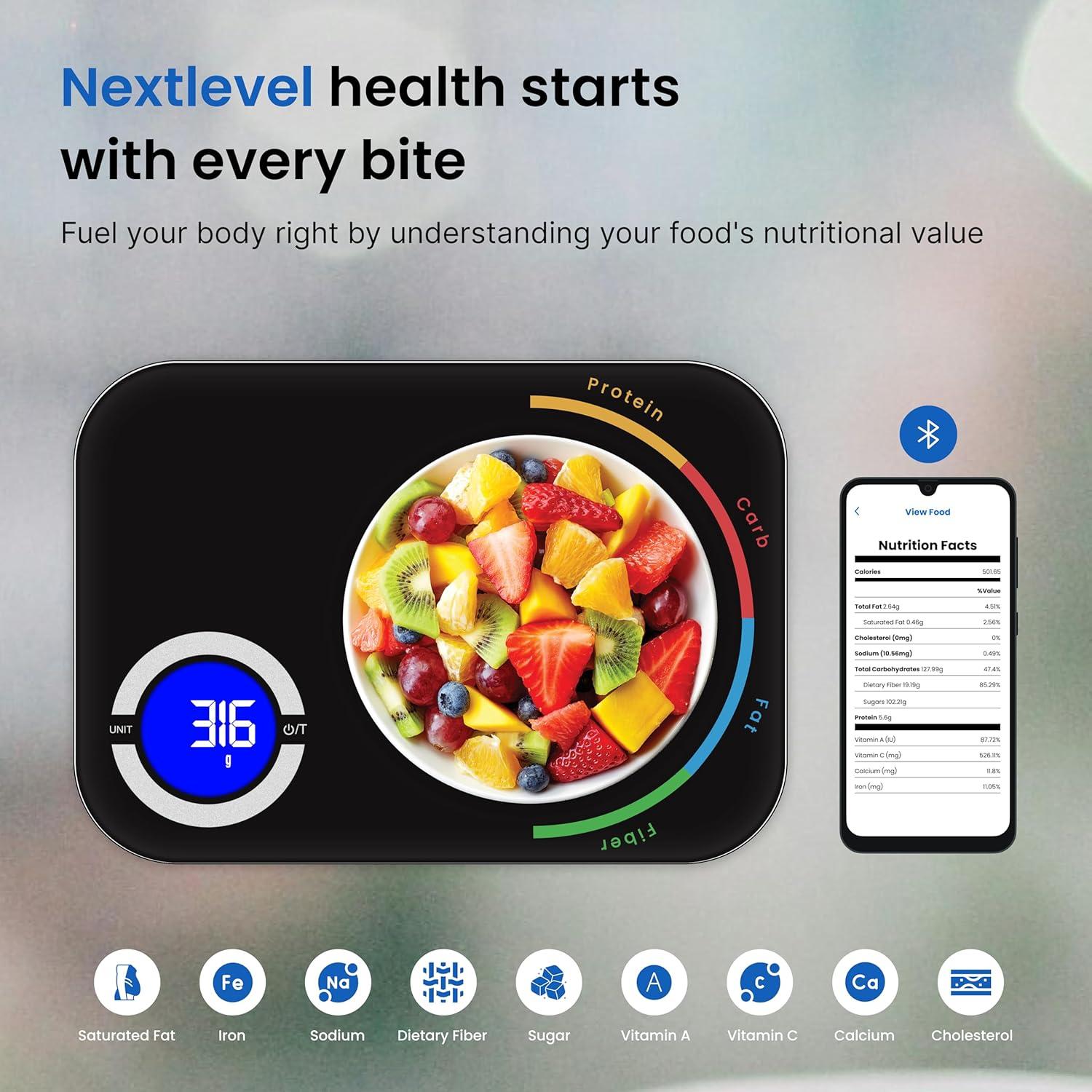 Báscula de Cocina Inteligente NextLevel Fit - Digital 1g, Bluetooth