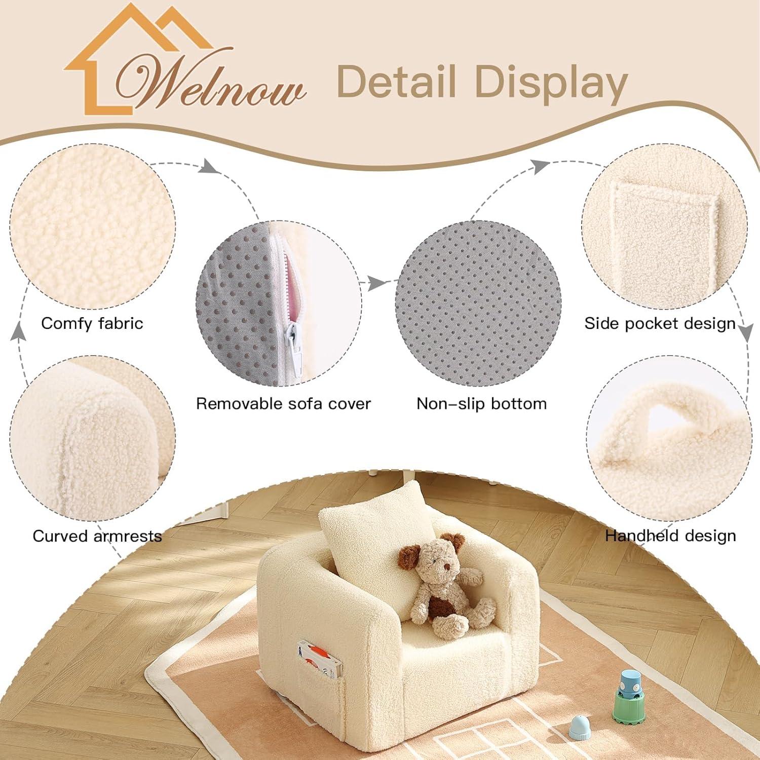 Sofá Infantil Welnow Beige Sherpa con Almohada Suave