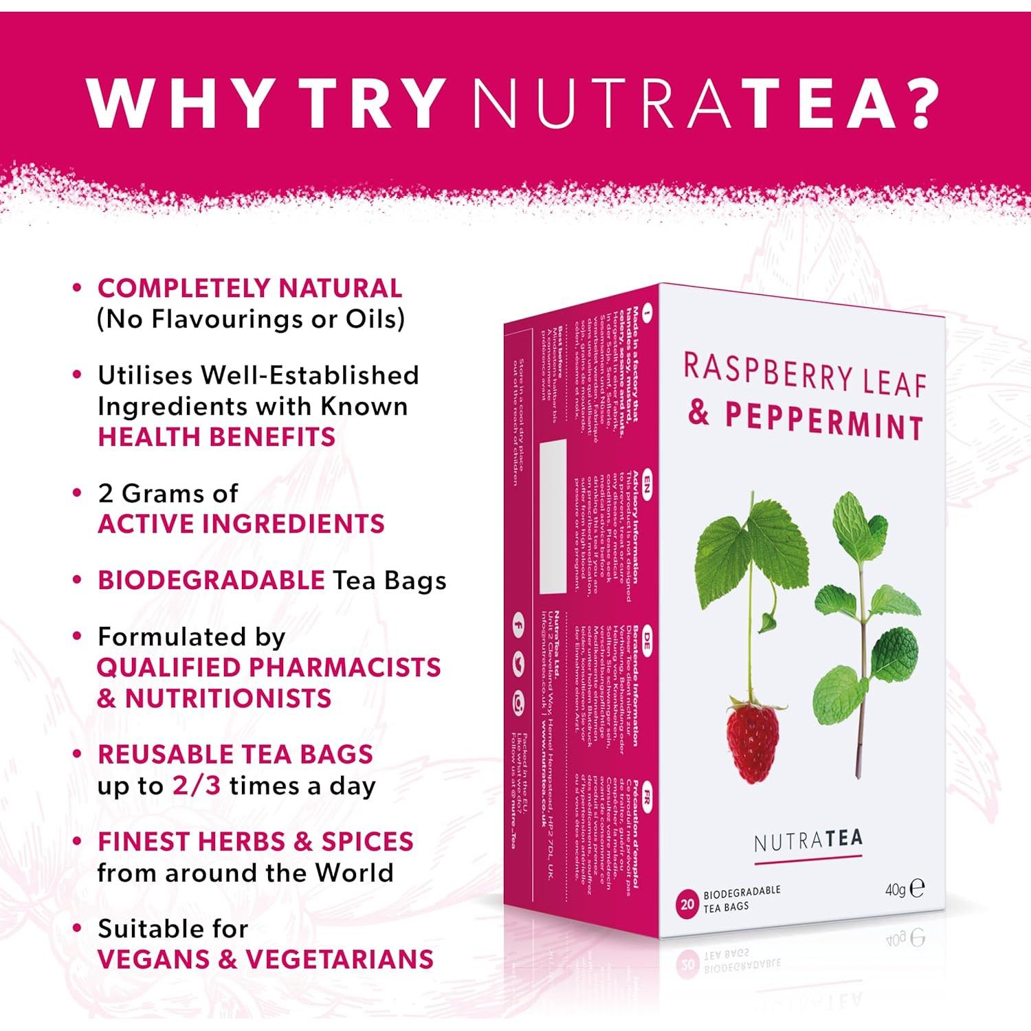 Nutra Tea - Té de Hoja de Frambuesa y Menta - 20 Bolsitas
