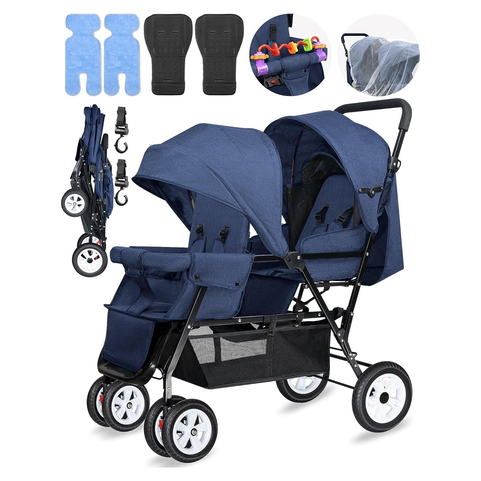 Carrito Doble Plegable OVERTANG para Bebé y Niño - Azul