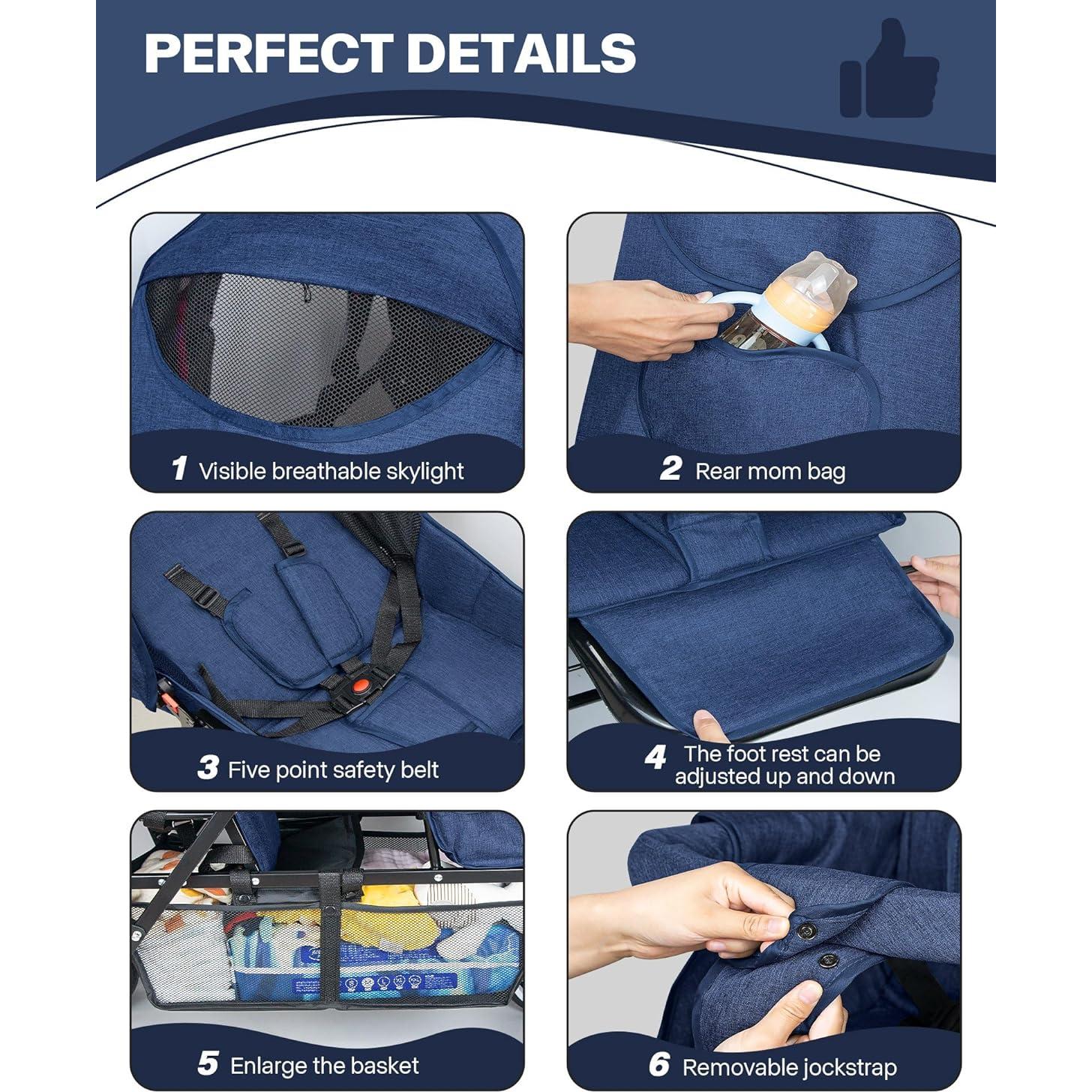 Carrito Doble Plegable OVERTANG para Bebé y Niño - Azul