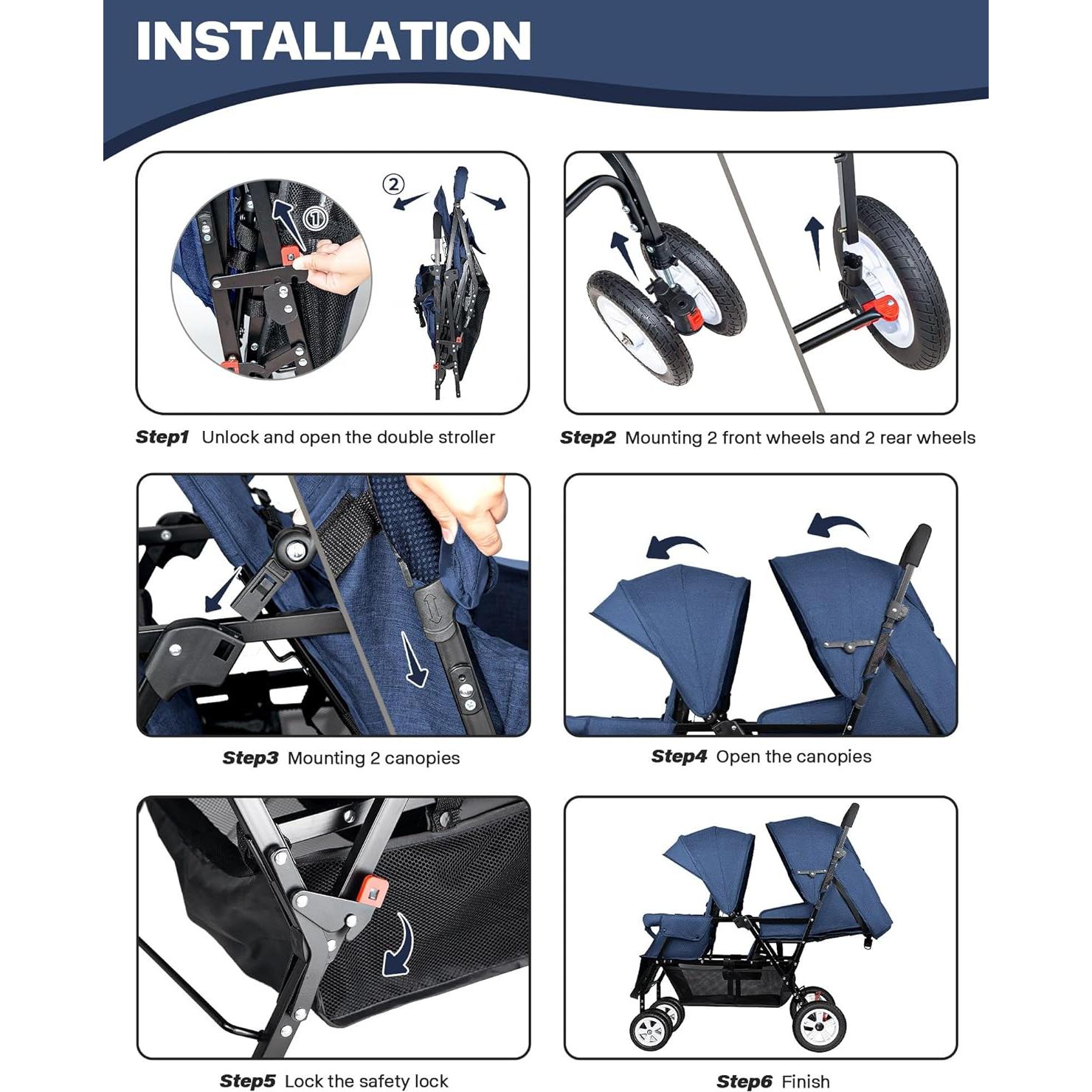 Carrito Doble Plegable OVERTANG para Bebé y Niño - Azul