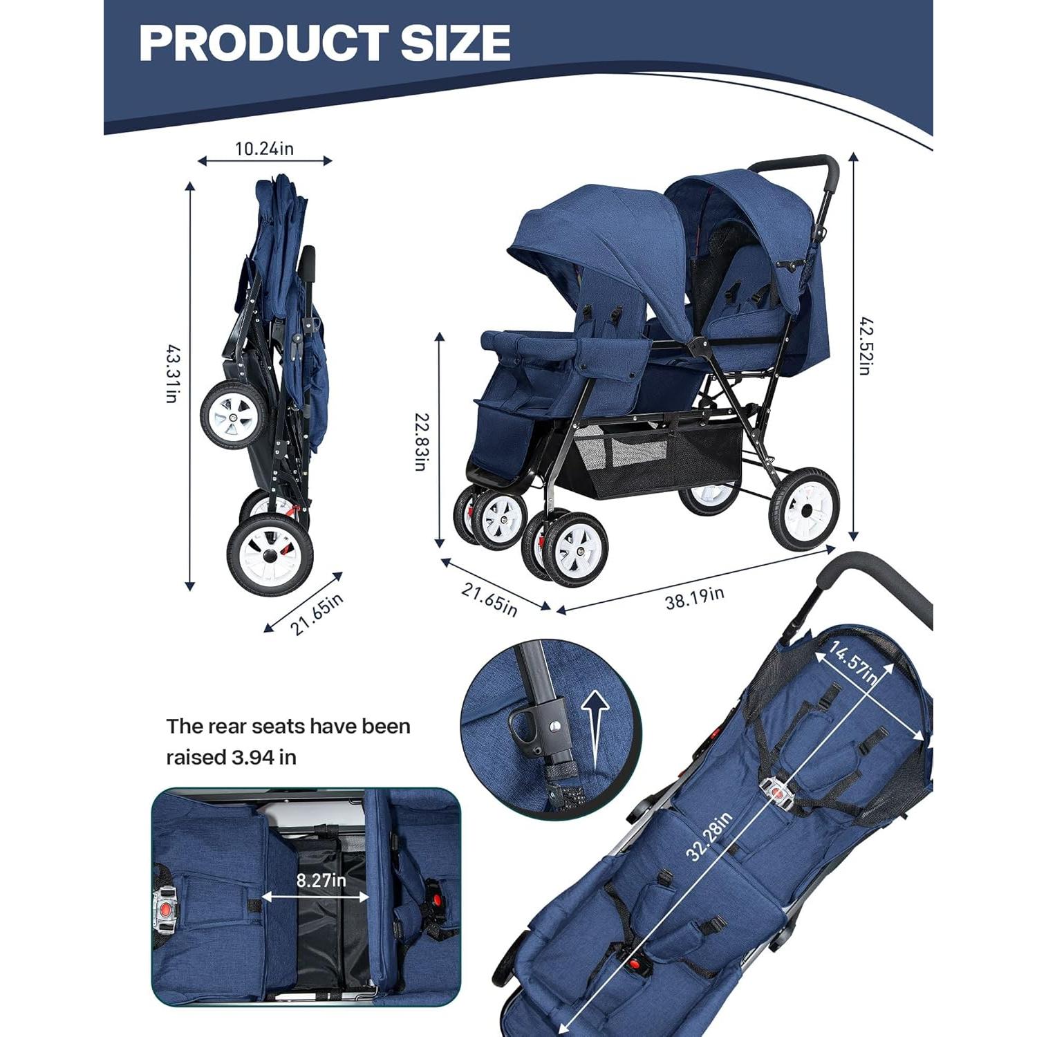 Carrito Doble Plegable OVERTANG para Bebé y Niño - Azul