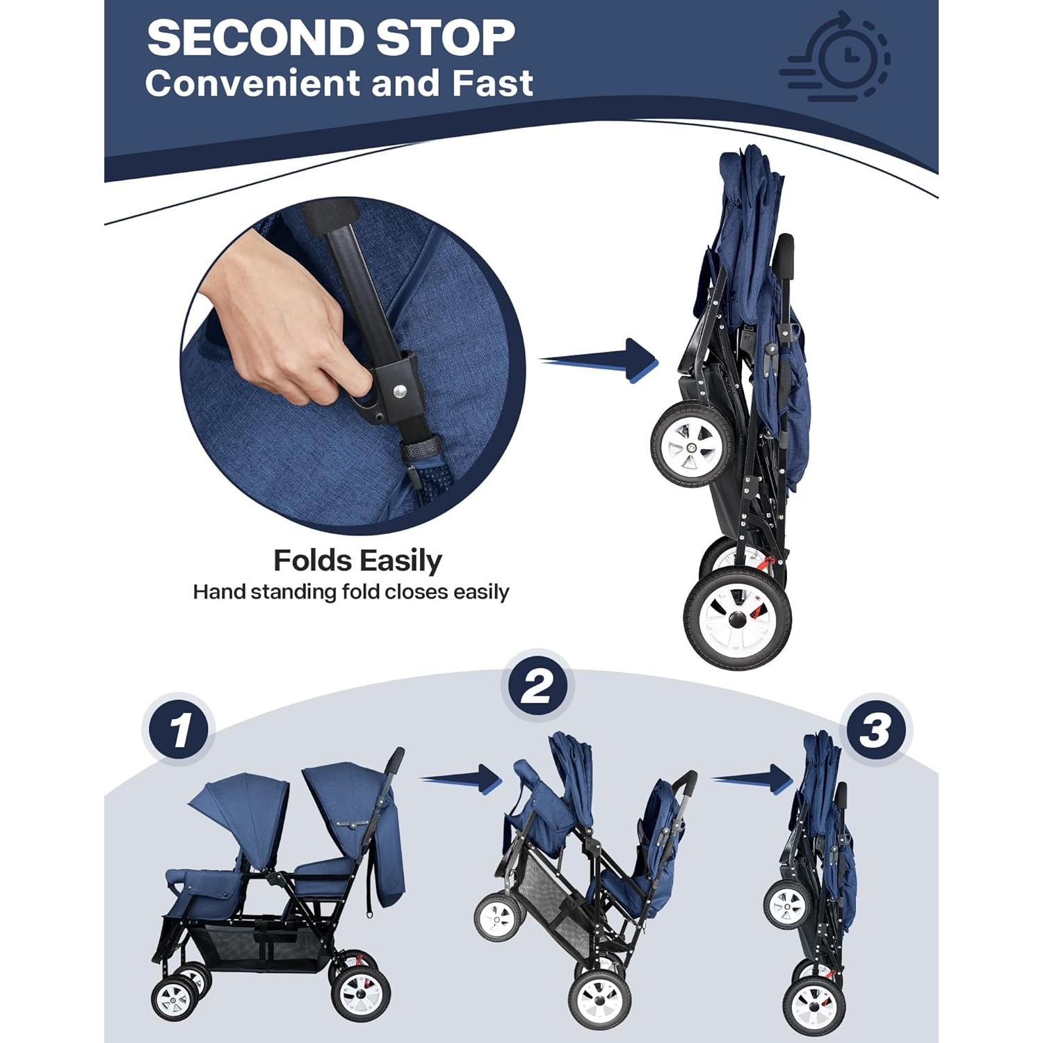 Carrito Doble Plegable OVERTANG para Bebé y Niño - Azul