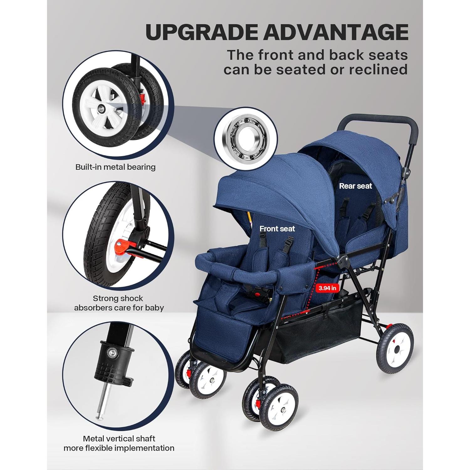 Carrito Doble Plegable OVERTANG para Bebé y Niño - Azul