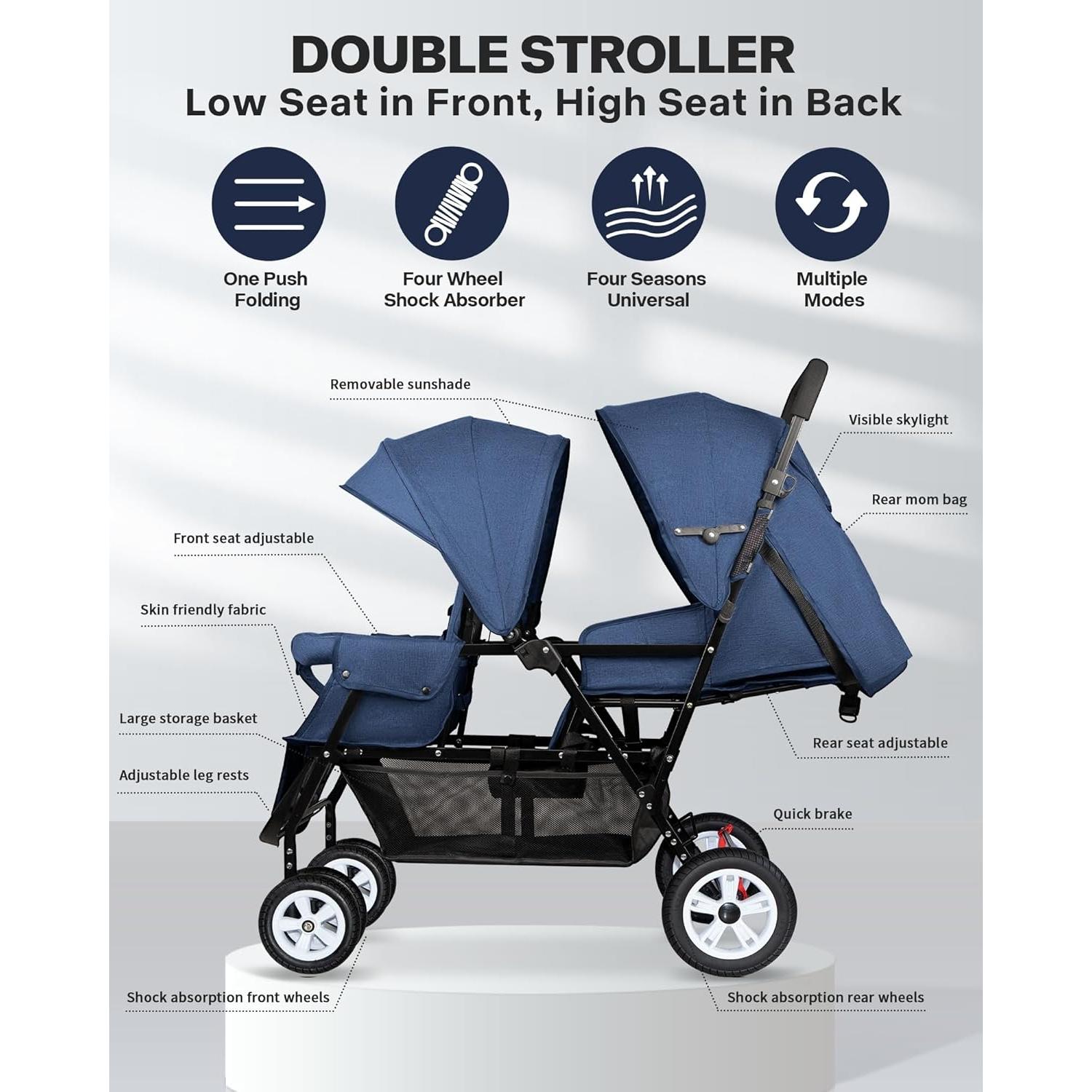 Carrito Doble Plegable OVERTANG para Bebé y Niño - Azul