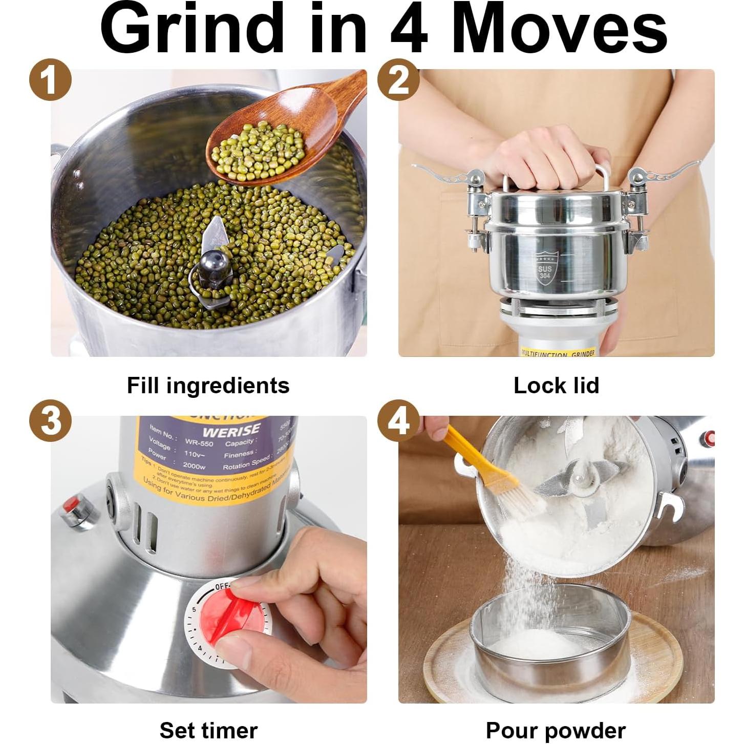 Molino de Harina Eléctrico WERISE 550g Acero Inoxidable