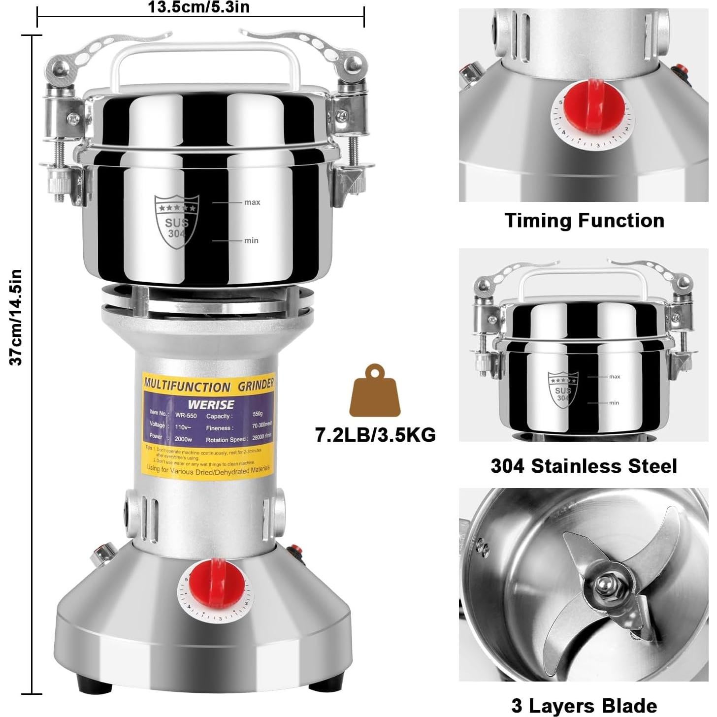 Molino de Harina Eléctrico WERISE 550g Acero Inoxidable