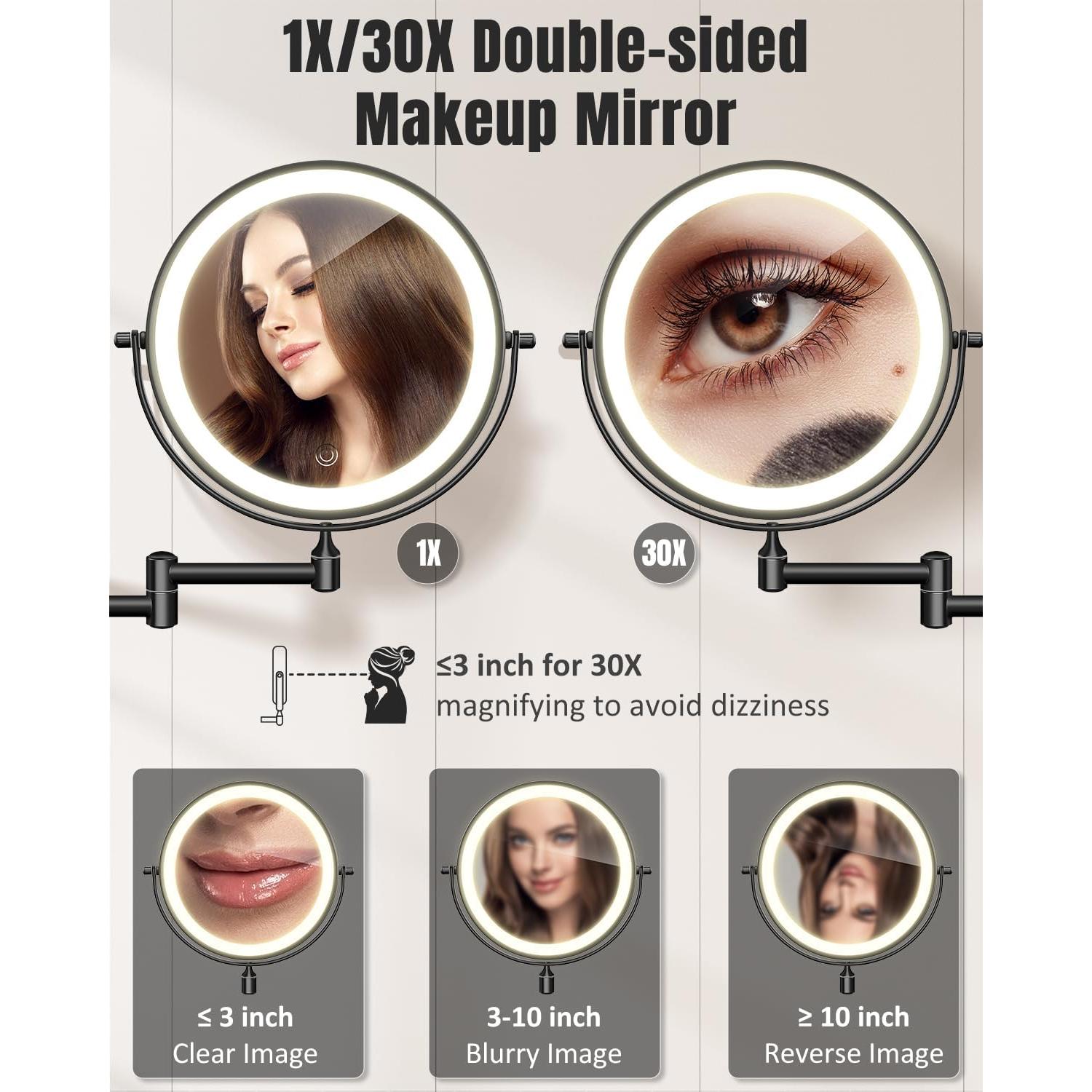 Espejo de Maquillaje Iluminado VFD 8" Doble Cara 30X/1X Pared