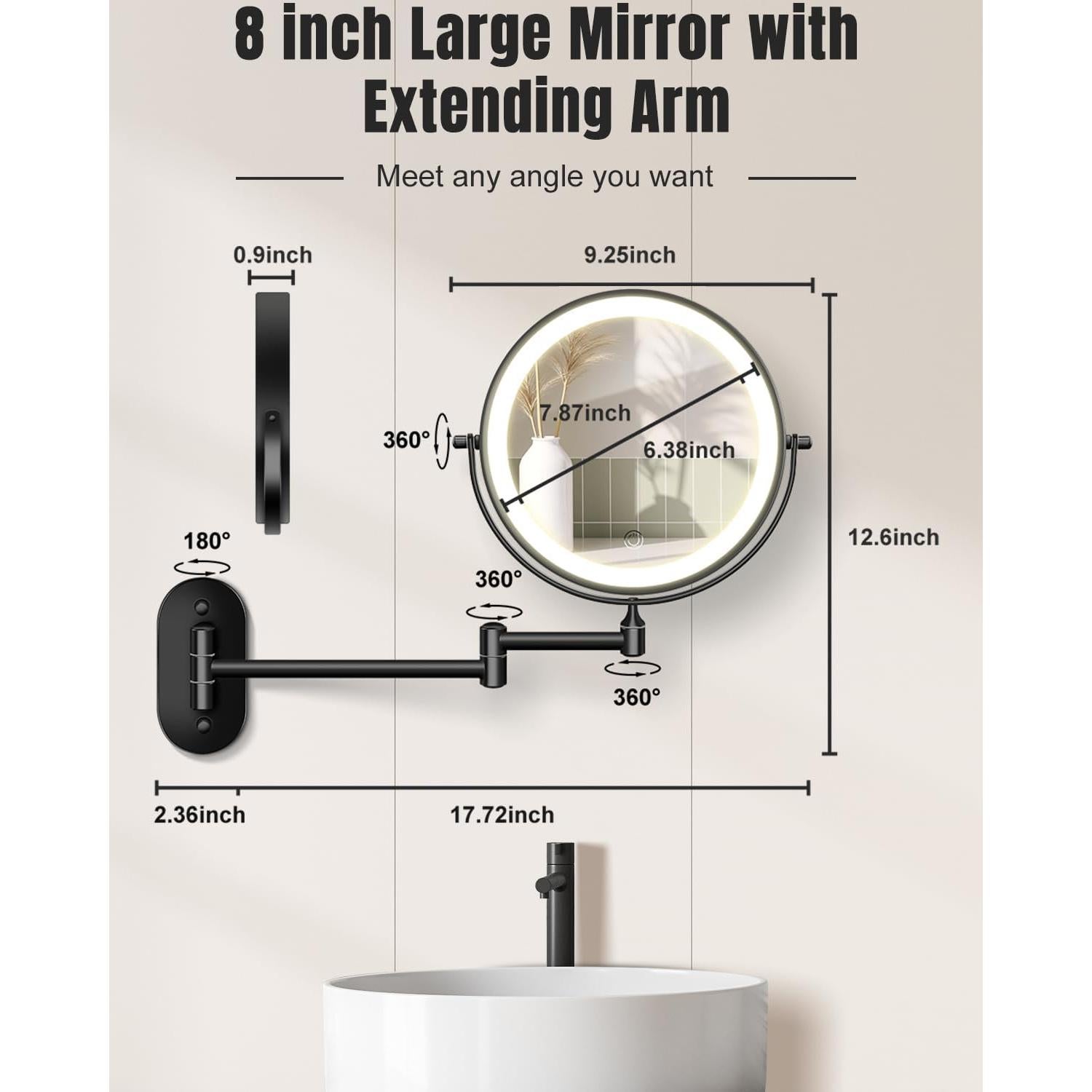 Espejo de Maquillaje Iluminado VFD 8" Doble Cara 30X/1X Pared