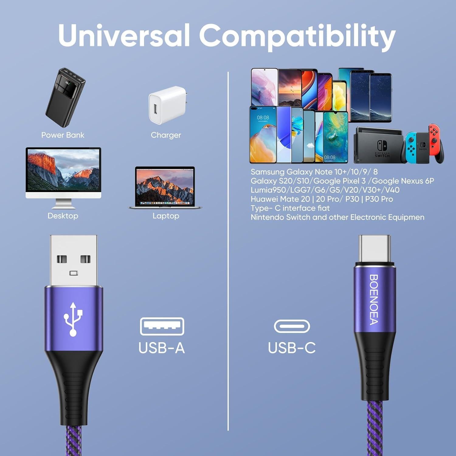 Cable USB C Boenoea 3 m Carga Rápida 4 Piezas Multicolor