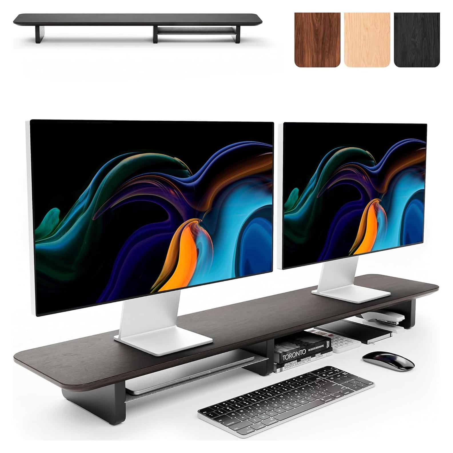 Soporte Doble para Monitor KIVY con Estante de Madera 109.22 cm