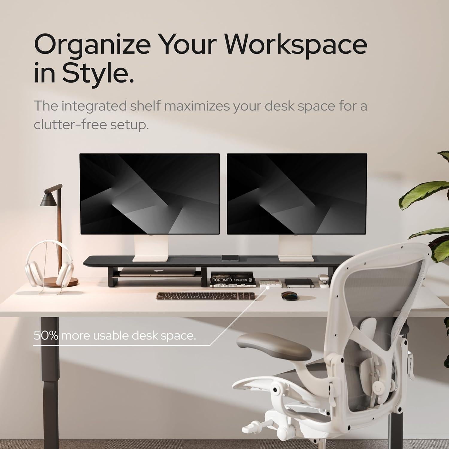 Soporte Doble para Monitor KIVY con Estante de Madera 109.22 cm