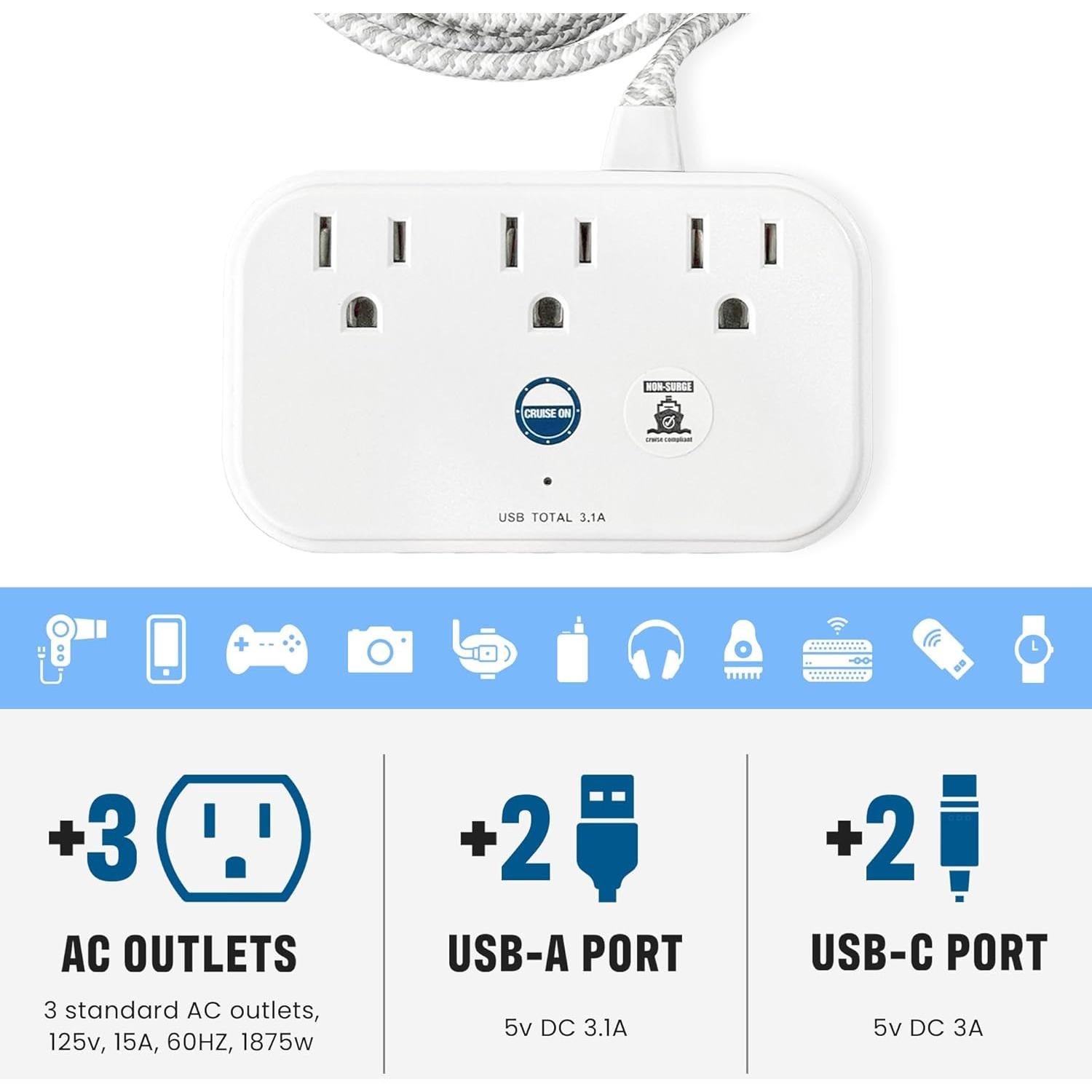 Regleta de Energía para Cruceros Cruise On 1m 2 USB 2 USB-C 3 AC