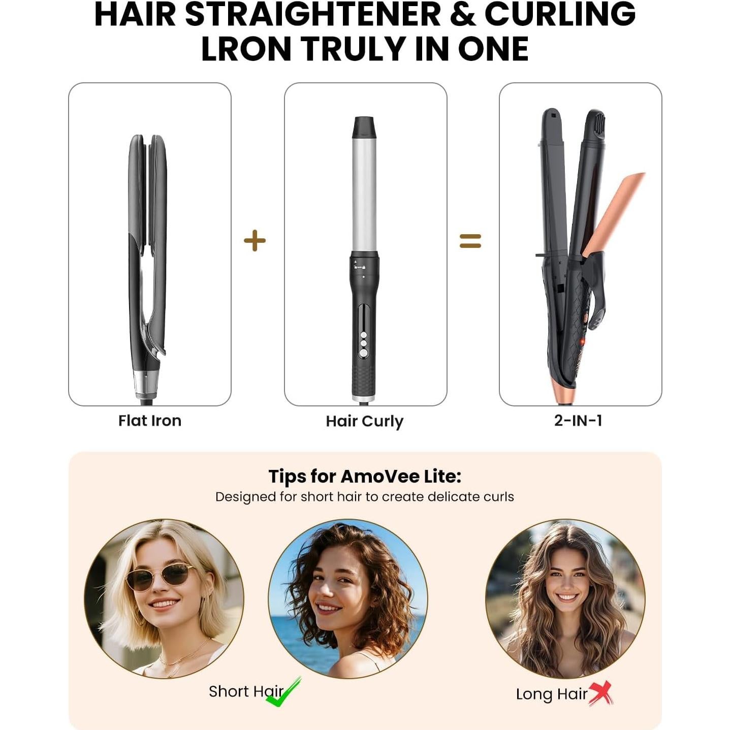 Plancha de Cabello 2-en-1 AmoVee Doble Voltaje 100-240V Negro