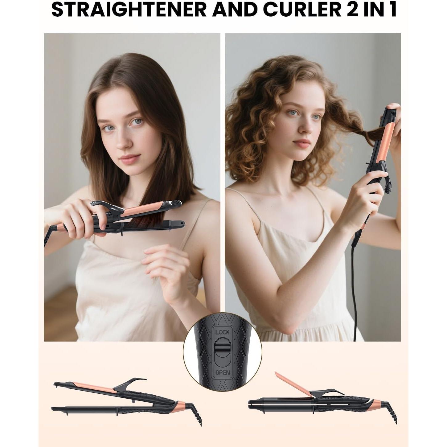 Plancha de Cabello 2-en-1 AmoVee Doble Voltaje 100-240V Negro