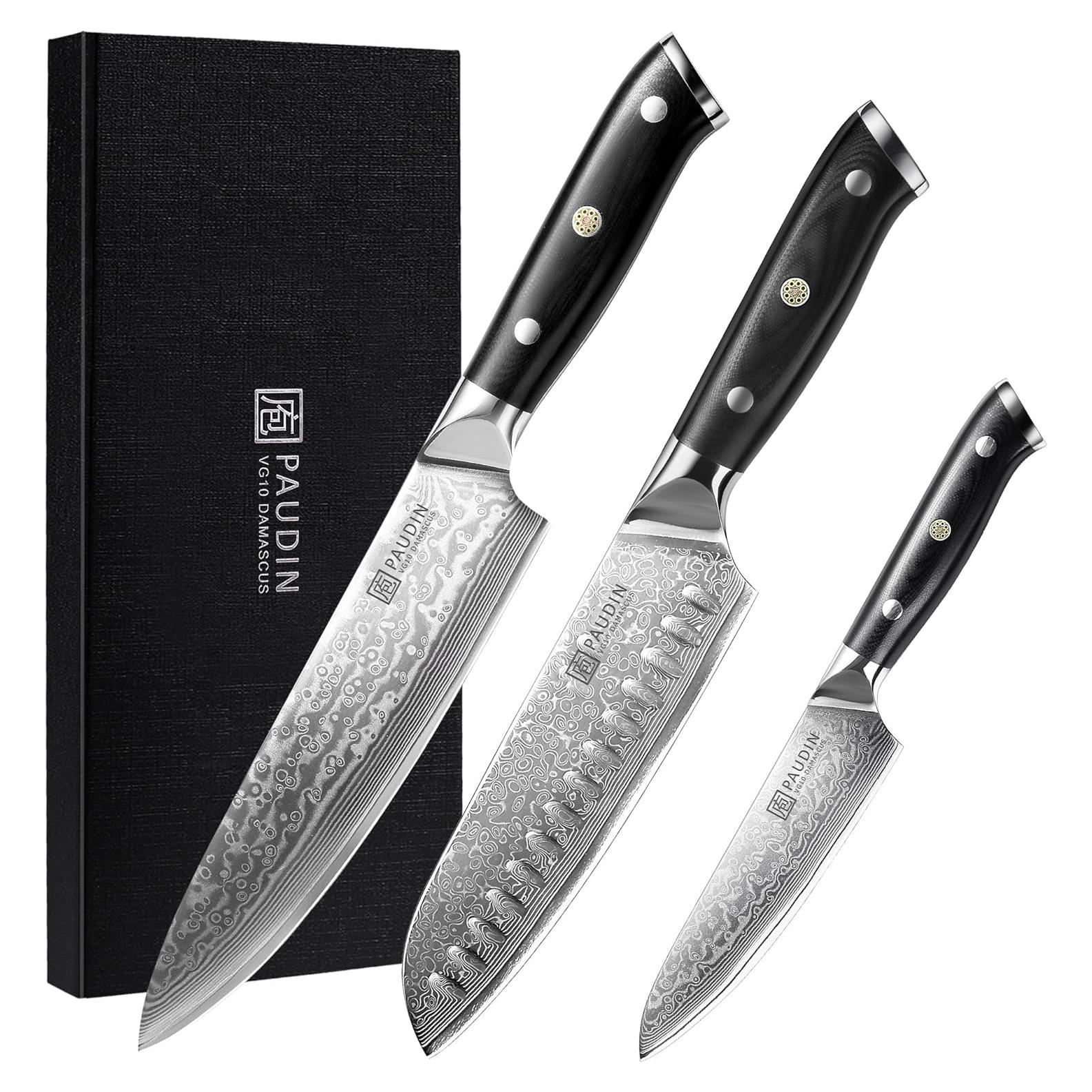 Juego de cuchillos PAUDIN Damascus 3 PCS - Acero VG10 Japonés