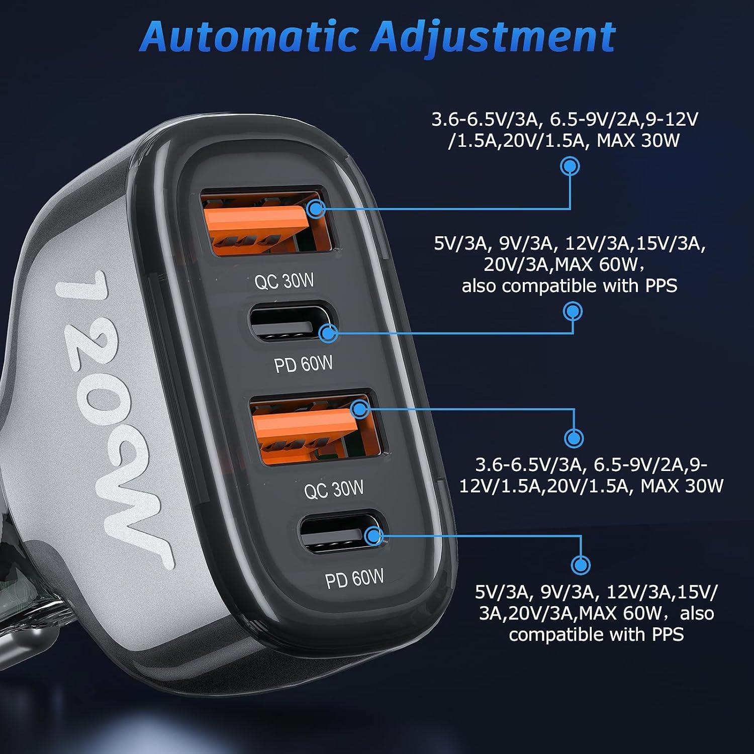 Cargador de coche USB C 120W SONRU 4 puertos carga rápida