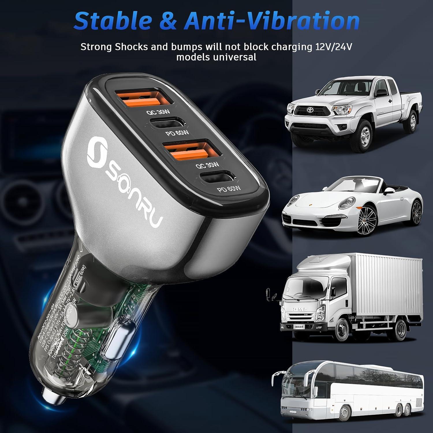 Cargador de coche USB C 120W SONRU 4 puertos carga rápida