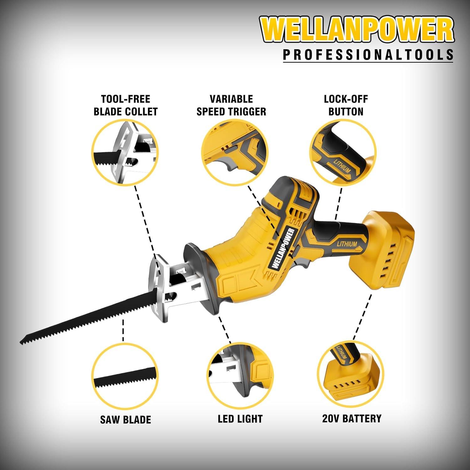 Sierra Recíproca Inalámbrica Wellanpower 20V 3500 SPM con 4 Cuchillas