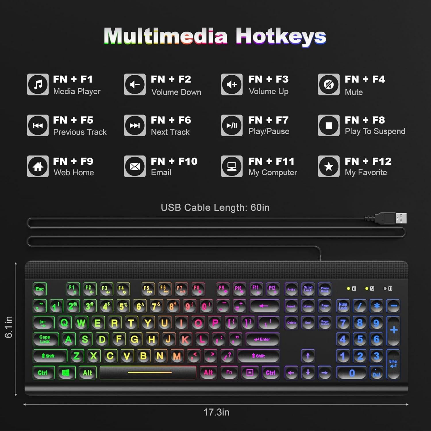 Teclado Retroiluminado USB Meidosa 72 cm LED Arcoíris