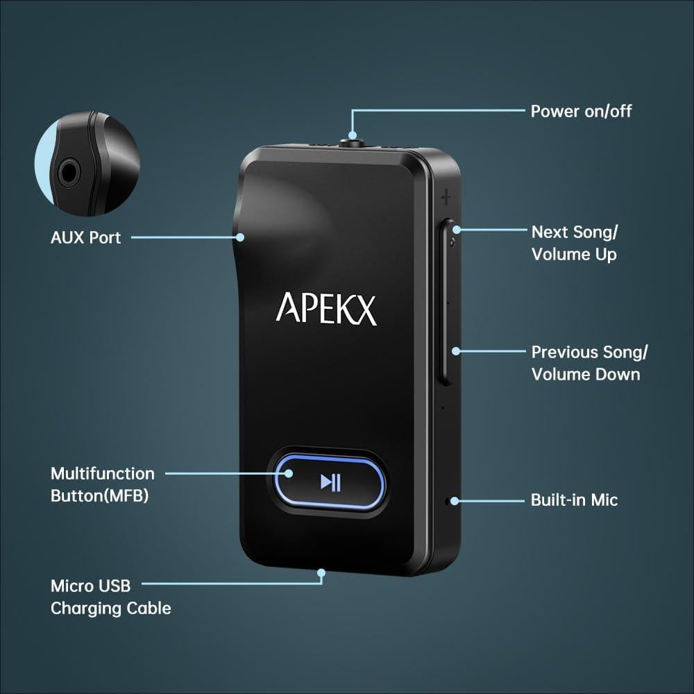Adaptador Bluetooth APEKX BR19 para coche 3.5mm Hi-Fi Negro