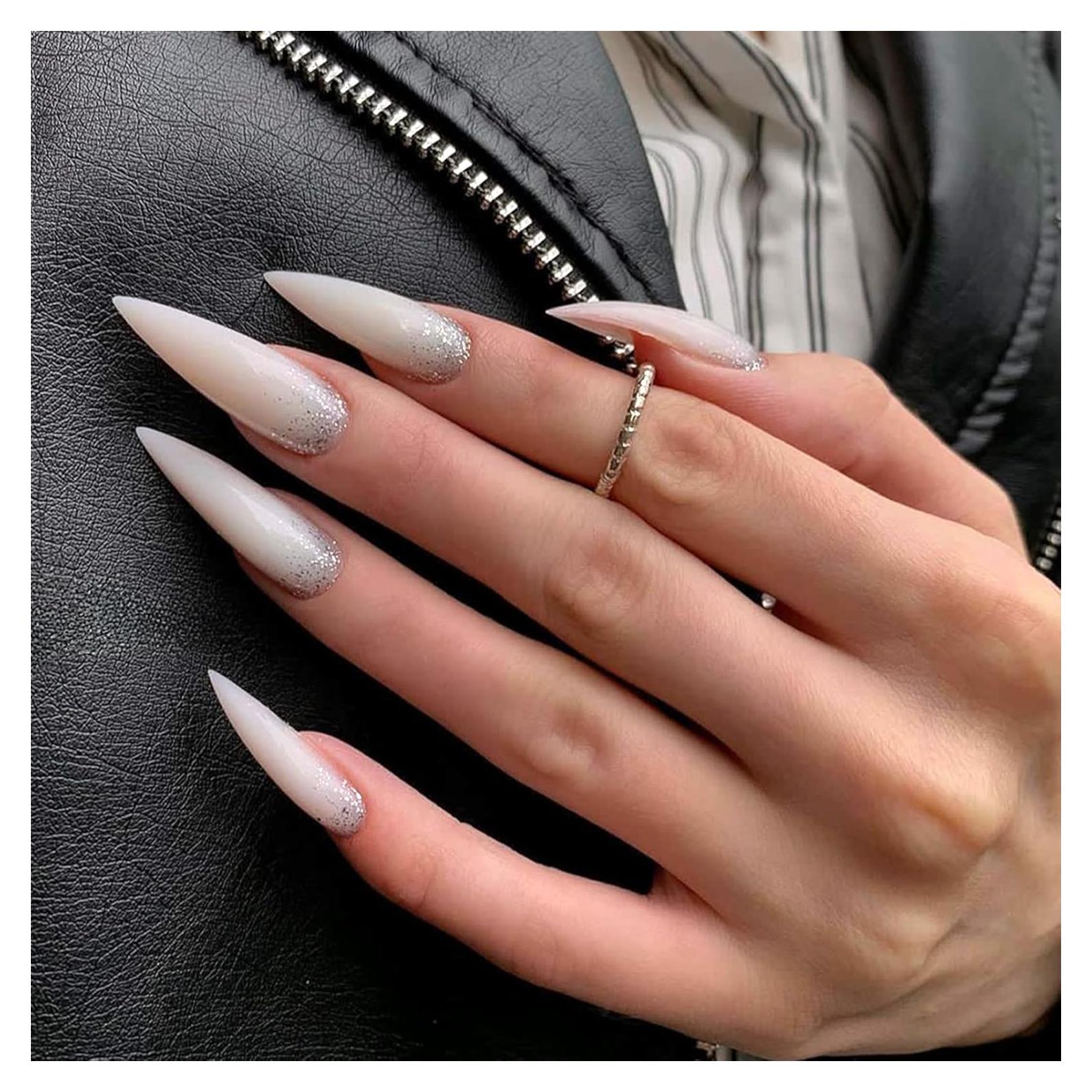 Uñas Postizas Stiletto GCSQW 24 Pcs Brillo Blanco Lechoso