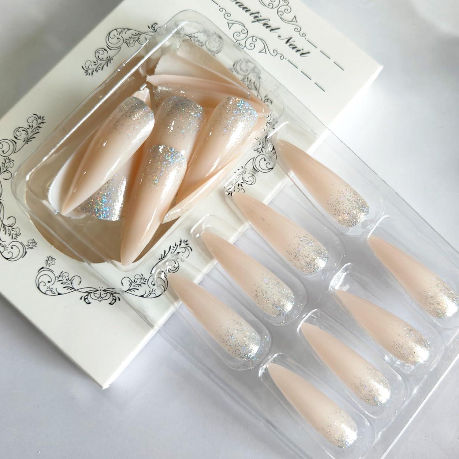 Uñas Postizas Stiletto GCSQW 24 Pcs Brillo Blanco Lechoso